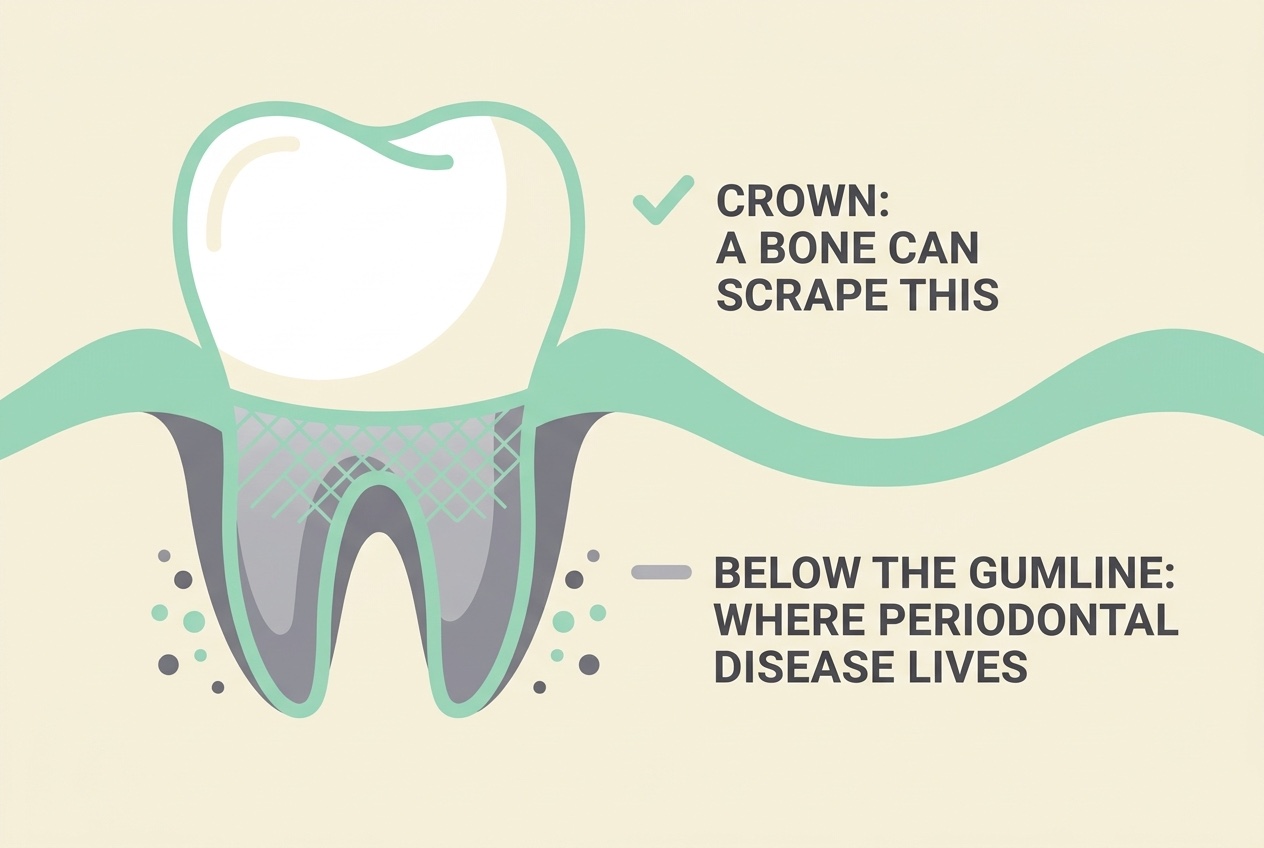 Flat vector diagram on cream with a mint and soft charcoal palette, showing a single tooth in cross-section. The crown above the gumline is labelled "CROWN: a bone can scrape this" with a mint tick. The root below the gumline is shaded and labelled "BELOW THE GUMLINE: where periodontal disease lives, no bone reaches" with a neutral dash.