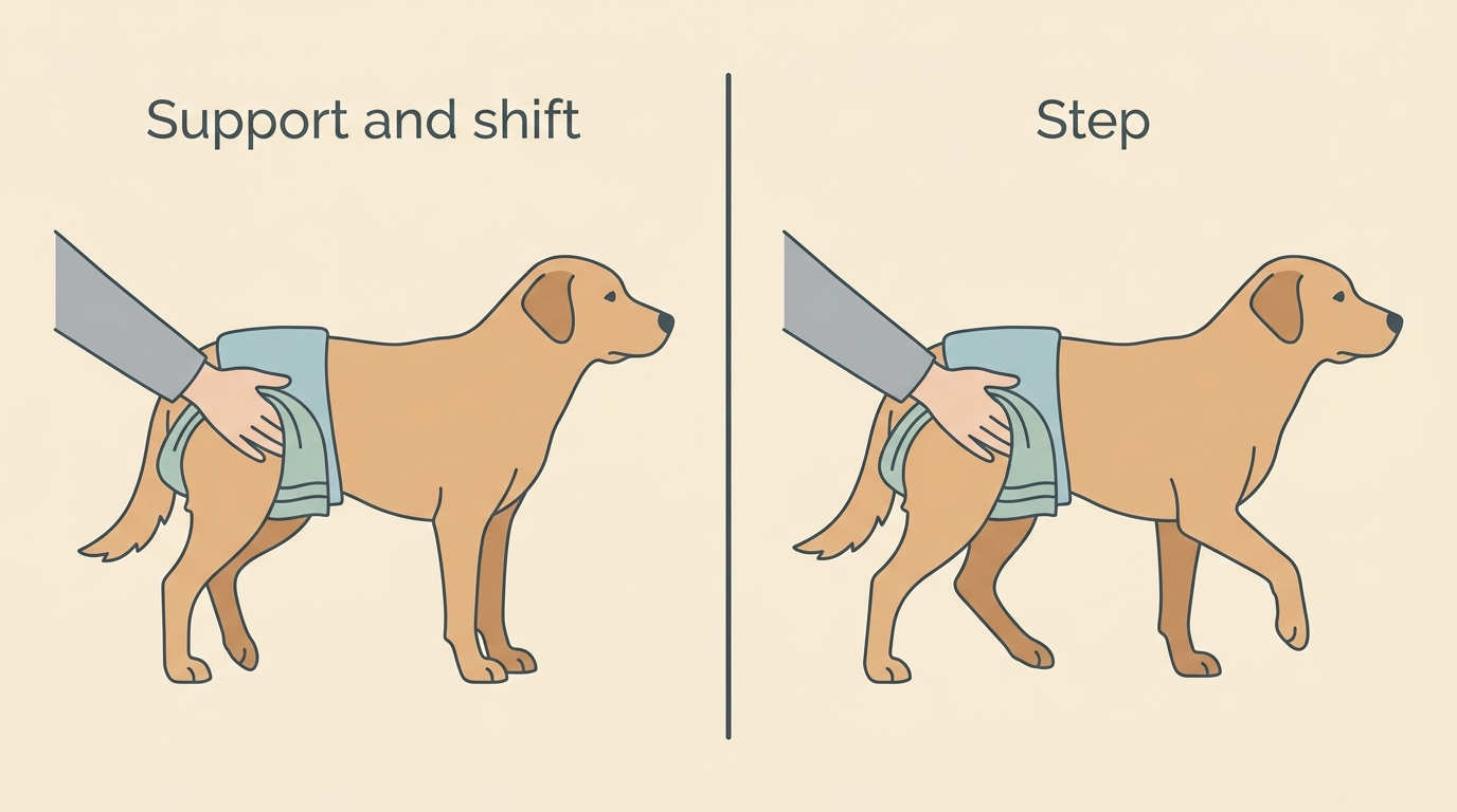 A dog taking a supported first step on a non-slip runner
