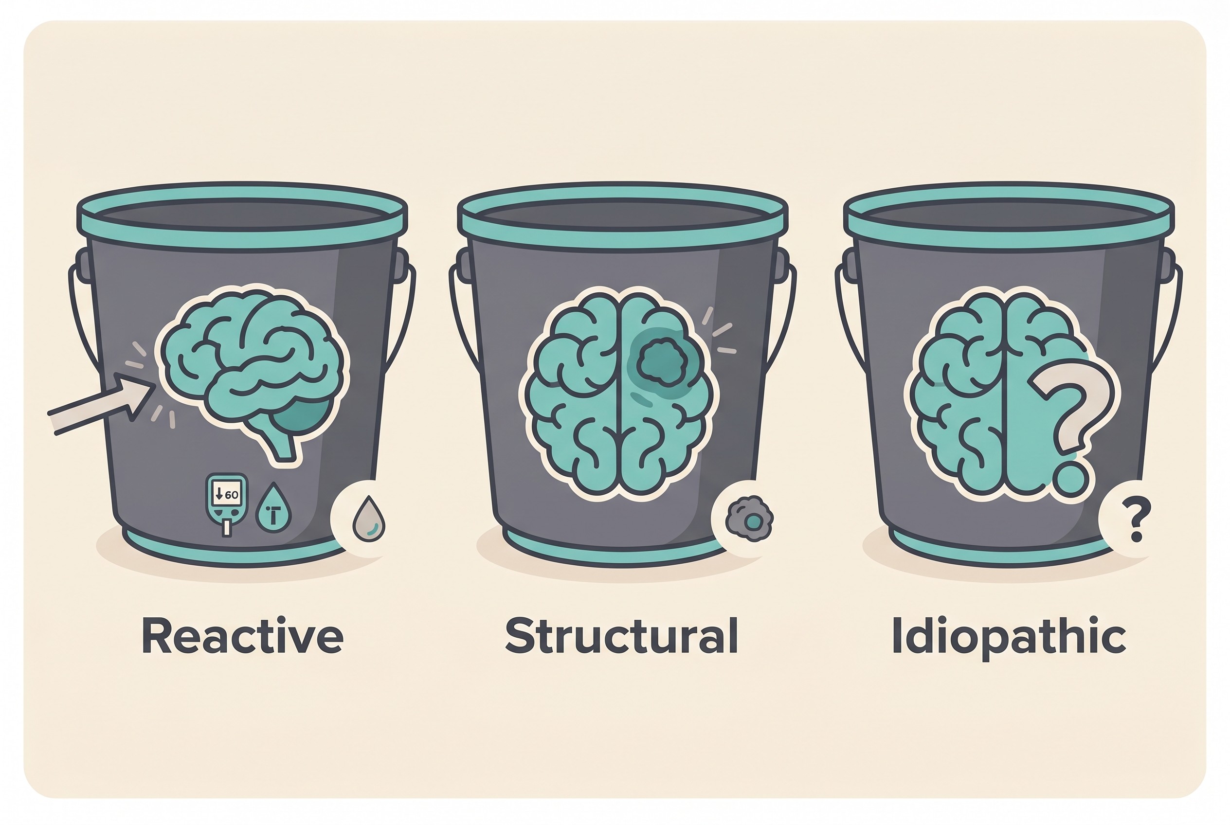 A flat infographic on a cream background with three labelled buckets for the causes of seizures: "Reactive" (a healthy brain reacting to a problem elsewhere in the body, such as low blood sugar or a toxin), "Structural" (a visible abnormality in the brain, such as a tumour, inflammation or a stroke) and "Idiopathic" (recurrent seizures with no cause found, presumed genetic)
