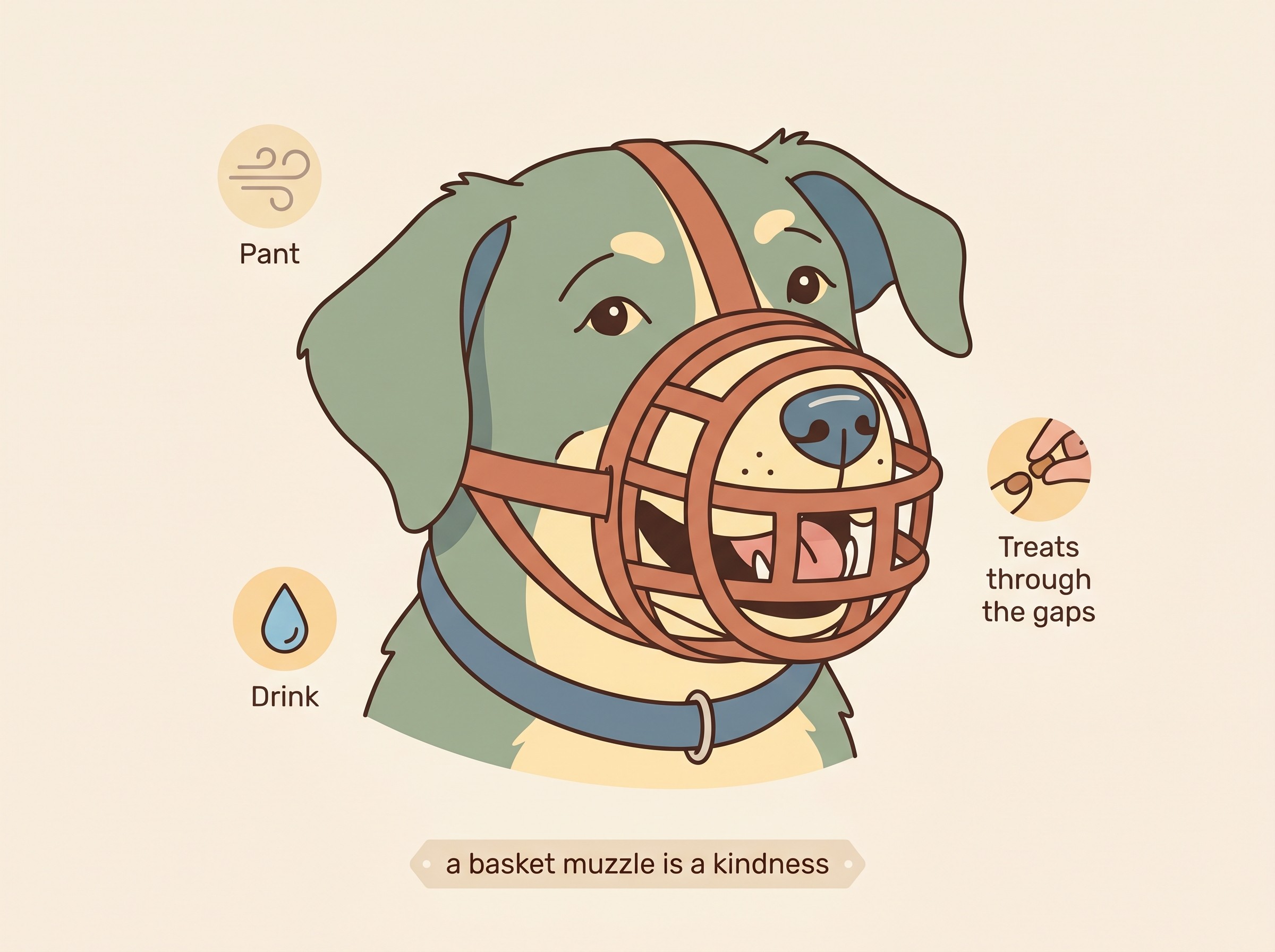 A well-fitted basket muzzle with room for the dog to pant, drink and take a treat through the gaps
