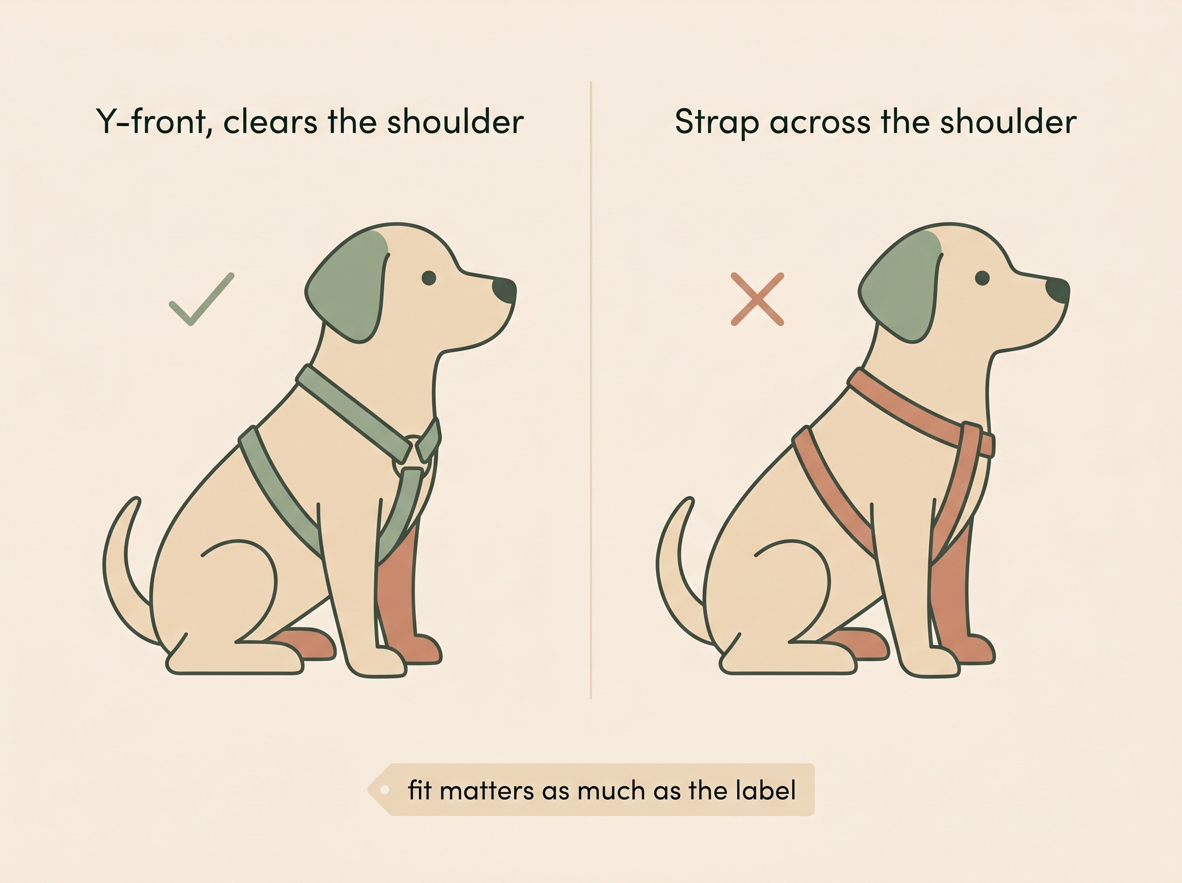 A diagram comparing a Y-front harness that clears the shoulder with a strap-across-the-shoulder design