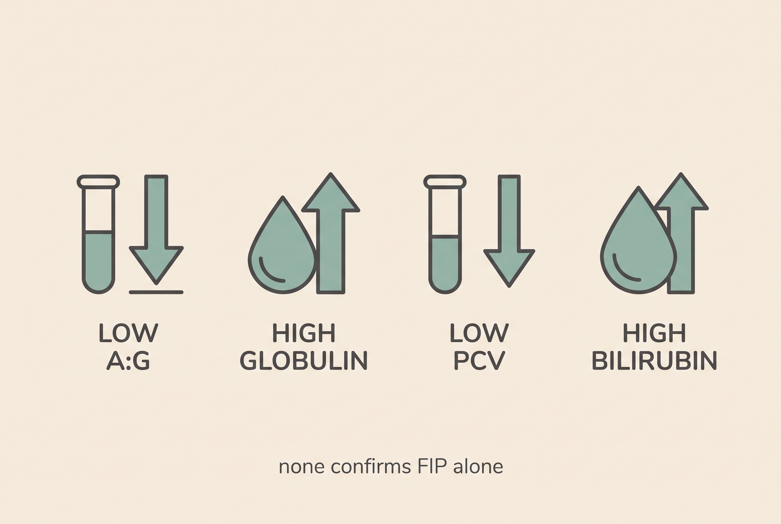 A simple labelled panel on cream showing four supportive FIP findings as calm icons with verbatim labels, LOW A:G, HIGH GLOBULIN, LOW PCV, HIGH BILIRUBIN, sage-teal on soft charcoal, clearly a summary card and not an alarm