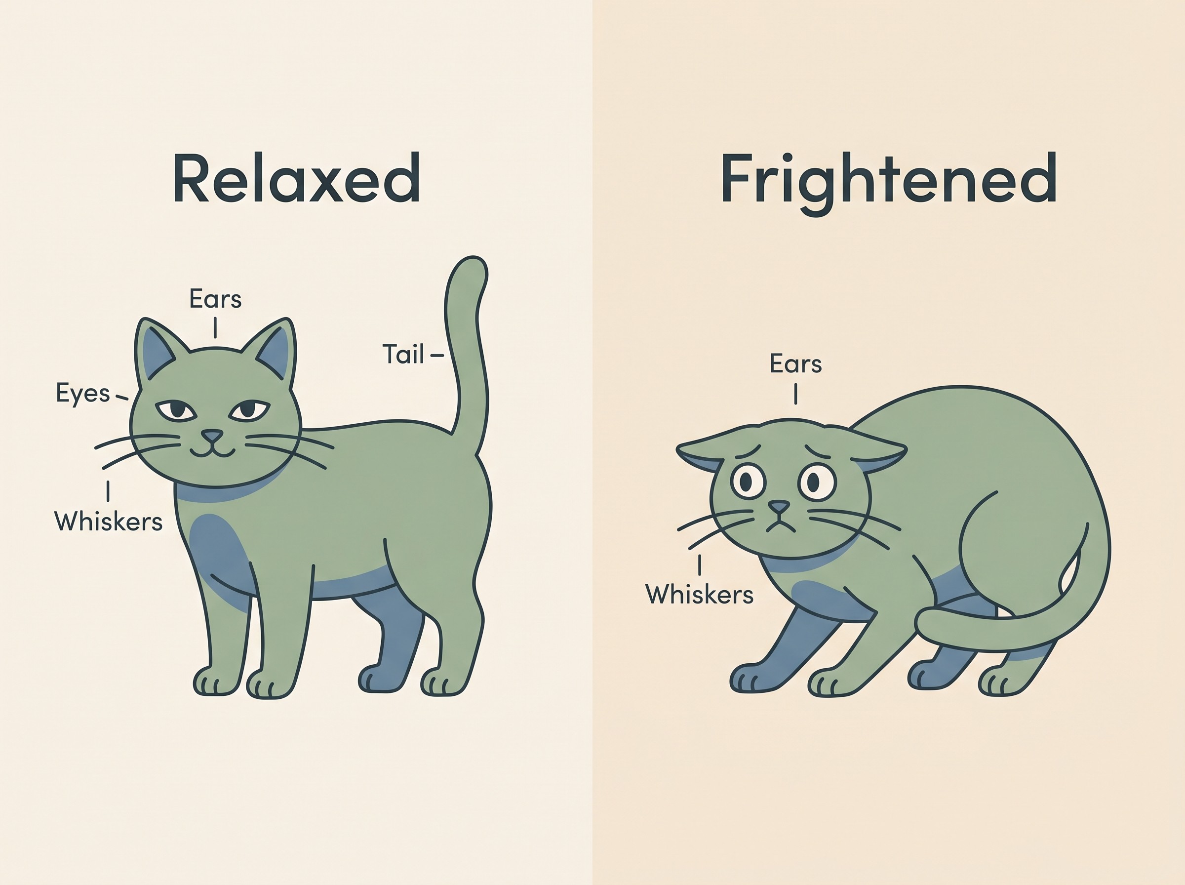 Side by side illustration of a relaxed cat with soft narrowed eyes, neutral ears and an upright tail next to a frightened cat with dilated pupils, flattened ears, crouched body and tense face