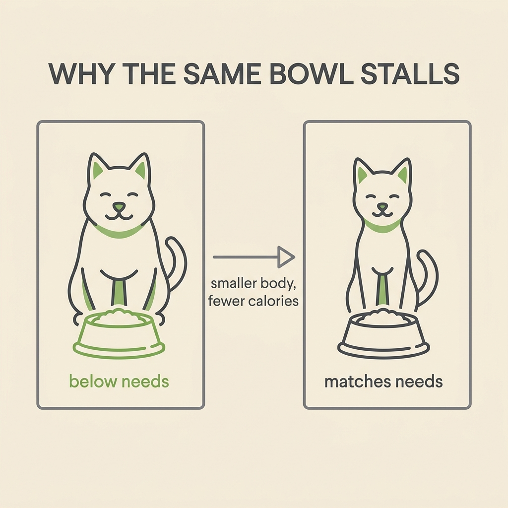A two-panel card. Left: a heavier pet with the bowl marked as below needs. Right: a lighter pet with the same bowl now matching needs, with an arrow reading smaller body, fewer calories.