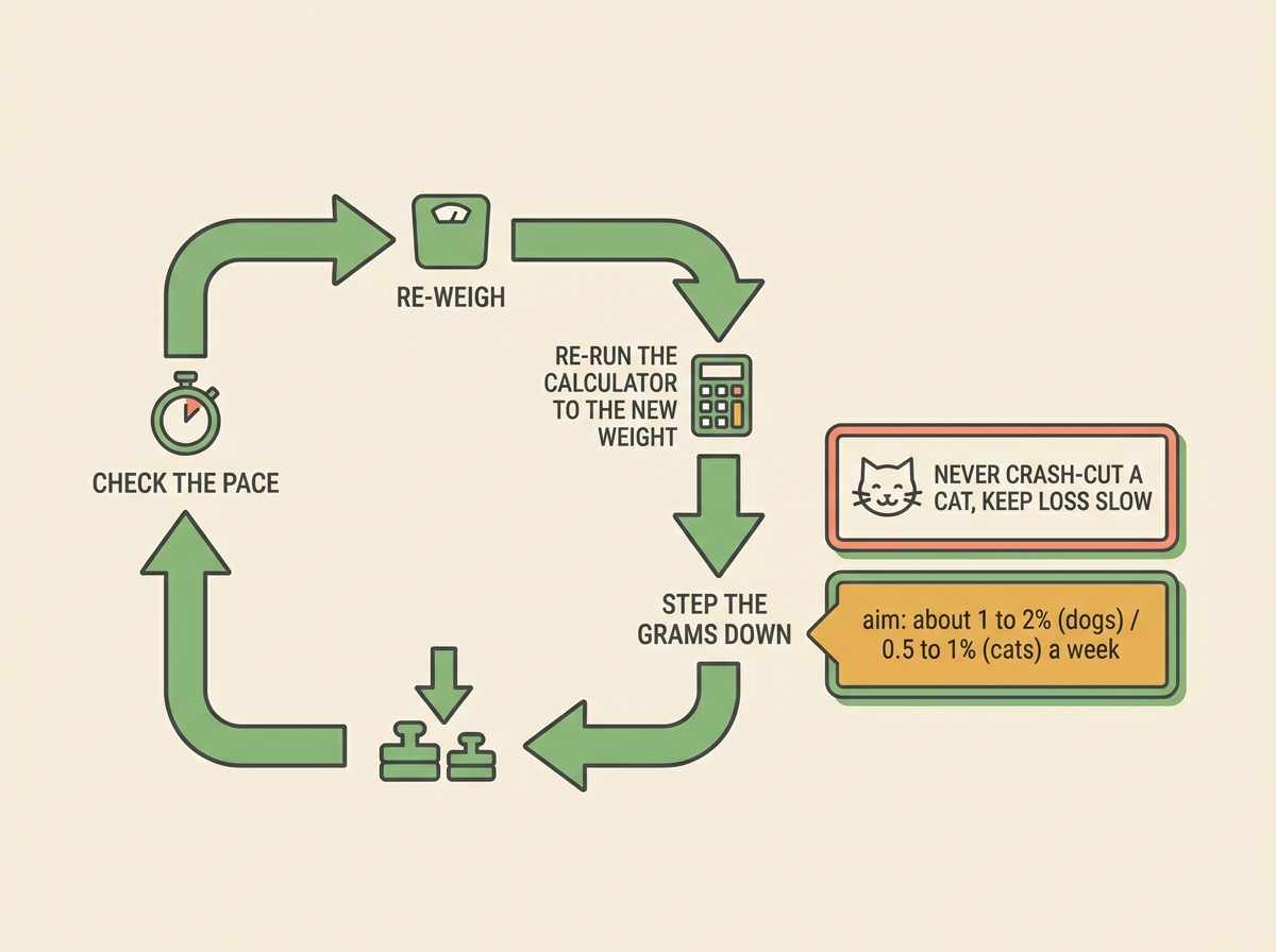 A four-step recalculation loop reading re-weigh, re-run the calculator to the new weight, step the grams down, check the pace, drawn as a gentle cycle, with a coral-bordered aside warning never to crash-cut a cat and a pace tag of about one to two percent for dogs and a half to one percent for cats a week.