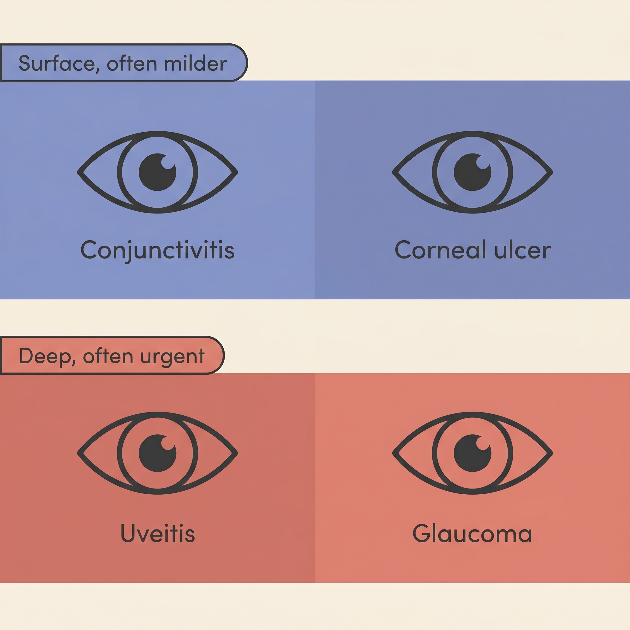 Flat vector card on cream comparing the four causes of a red eye: conjunctivitis and corneal ulcer at the surface, uveitis and glaucoma deeper inside, each labelled mild or urgent
