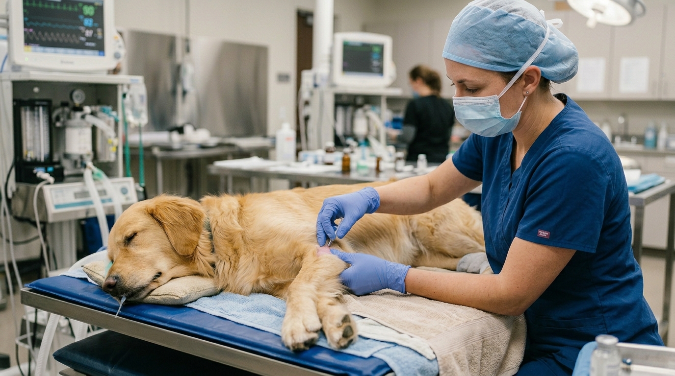 A veterinary specialist administering an intra-articular injection into a dog's joint, the dog calmly sedated and positioned on a clinical table, soft clinical light, focused on careful technique