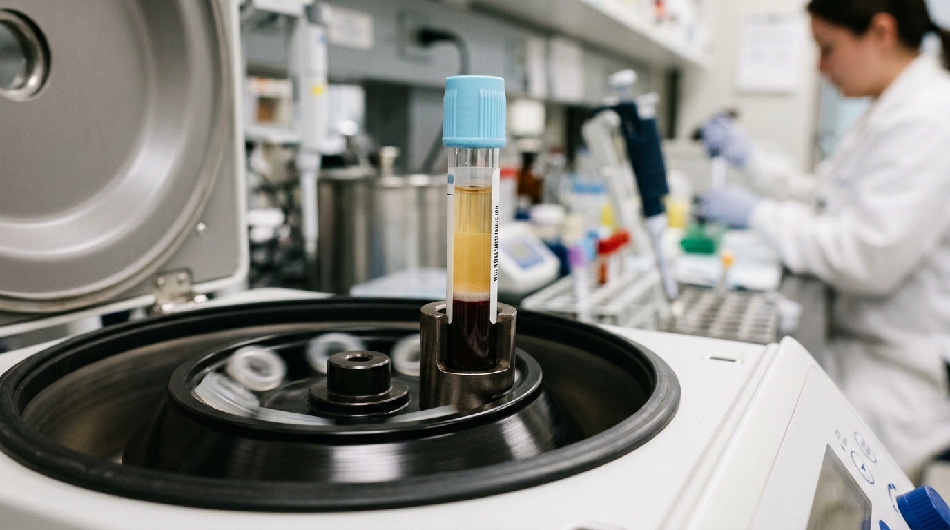 Close-up of a blood collection tube in a medical centrifuge with separated layers visible: red blood cells, a buffy coat, and plasma, clinical lab light