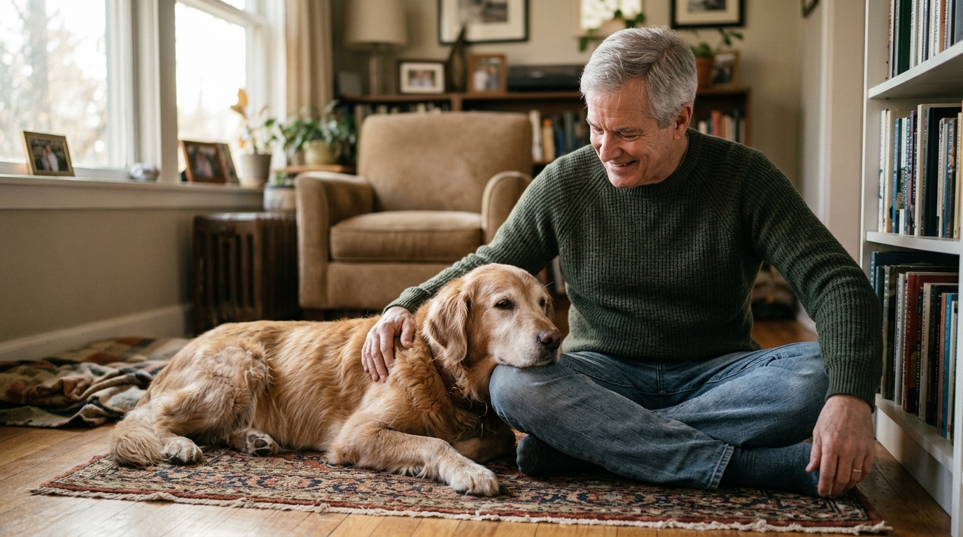 An owner sitting on the floor with their senior dog in soft afternoon light, the dog calm and content beside them