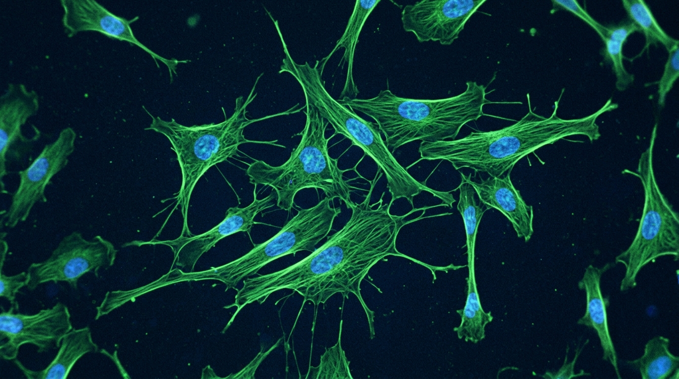 A photorealistic microscopy image of fluorescently stained mesenchymal stem cells in culture, scientific photography, soft blue and green palette