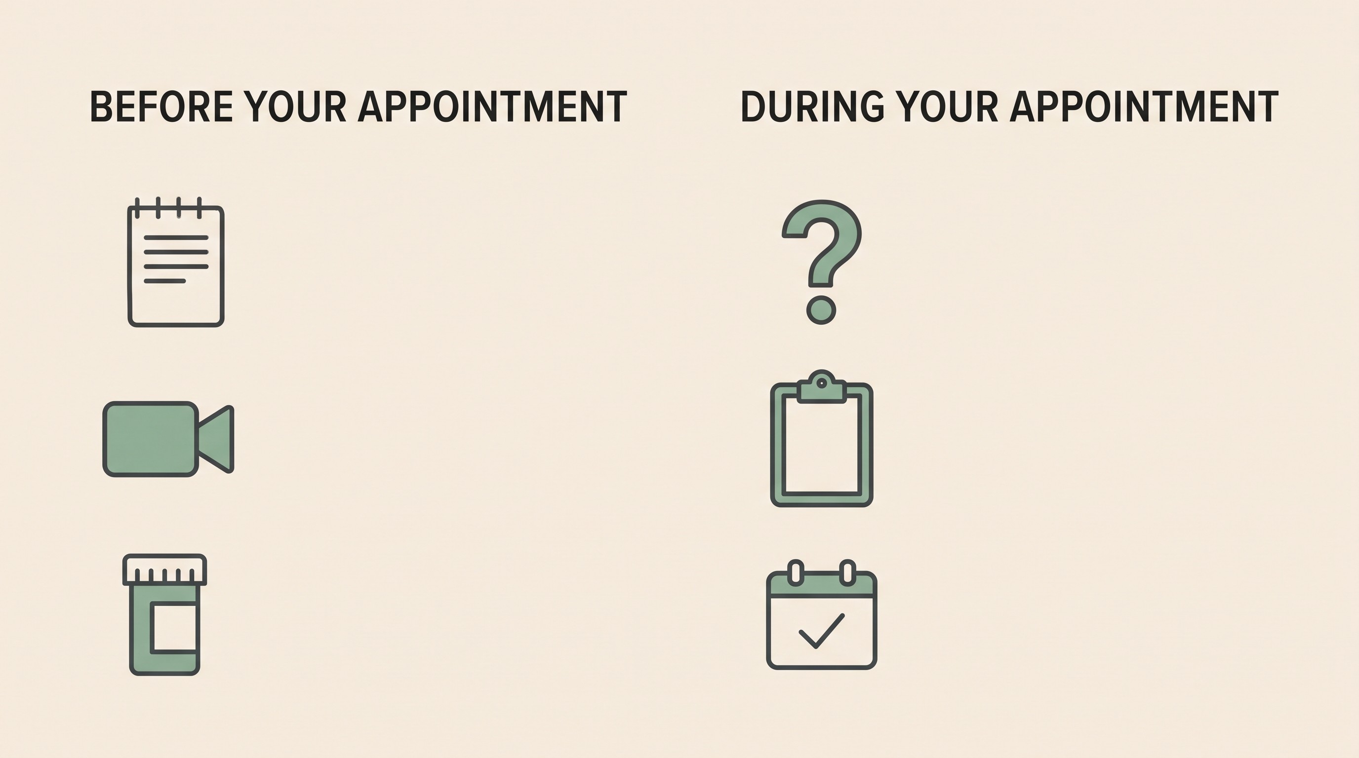 A two-column note card on cream headed "BEFORE YOUR APPOINTMENT / DURING YOUR APPOINTMENT", listing preparation notes on the left and questions to ask on the right, soft charcoal linework with a sage-green accent.