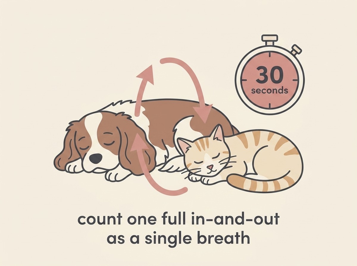 A simple flat illustration of a sleeping dog and cat side by side, each with a gentle arrow showing the chest rising and falling as one breath, a stopwatch reading thirty seconds beside them, and the caption "count one full in-and-out as a single breath".