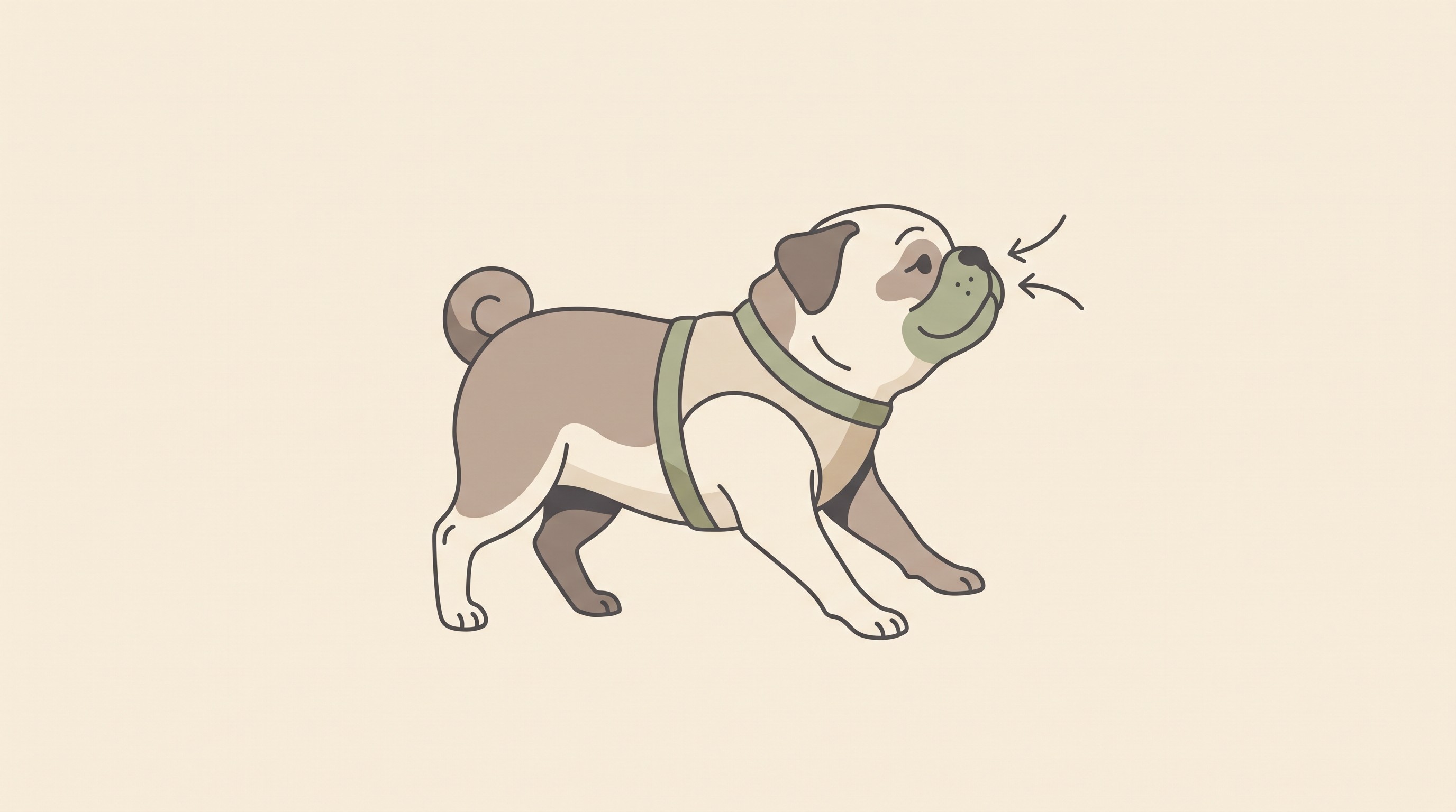 A small dog mid reverse sneeze, standing still with its neck extended, head tilted slightly back, elbows out and nostrils flared, drawn in a warm flat-vector style on a cream background