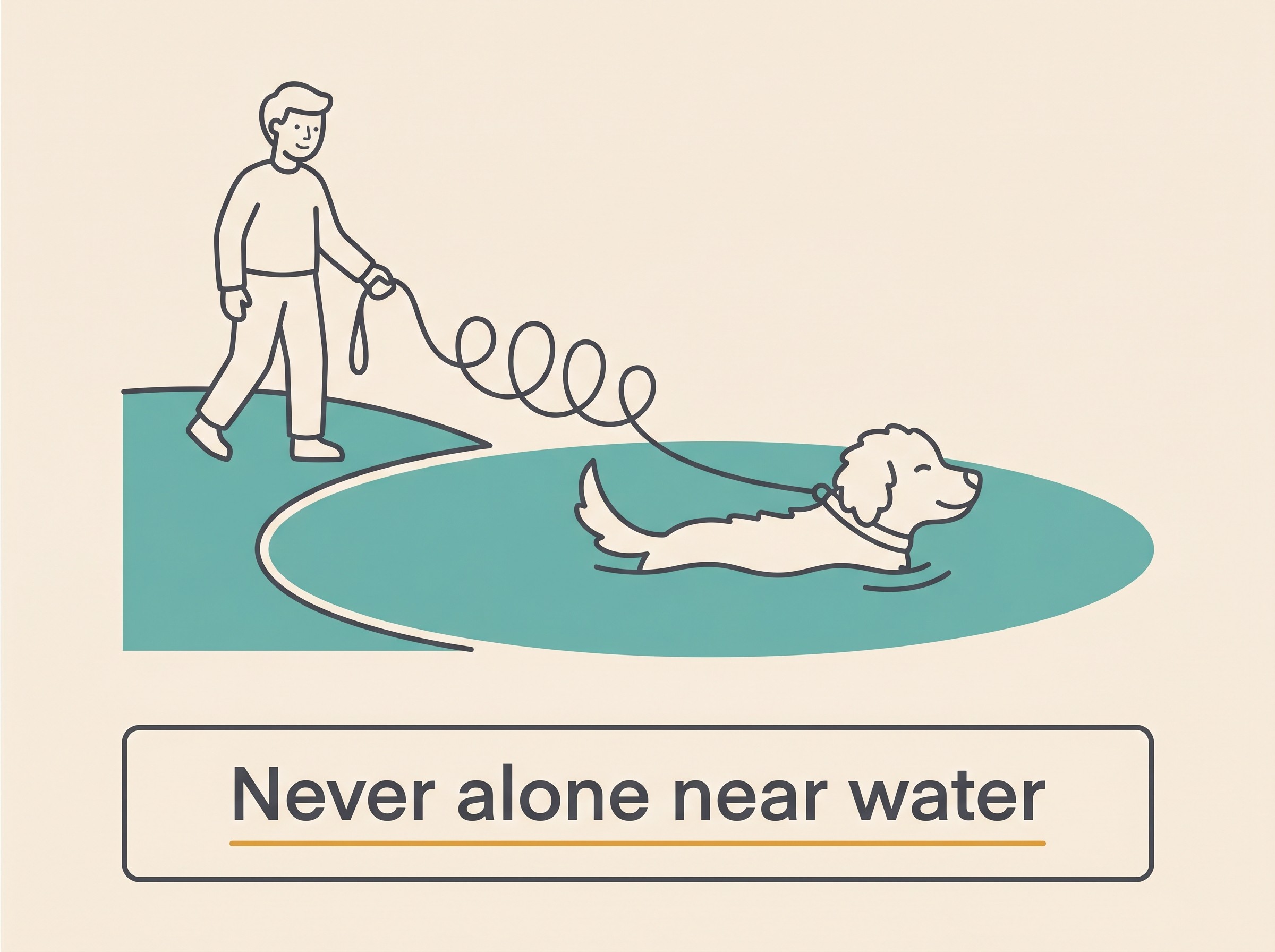 Flat illustration of a dog swimming in a pond with an owner within arm's reach on the bank holding a long line, labelled "Never alone near water", cream background, soft charcoal and teal palette