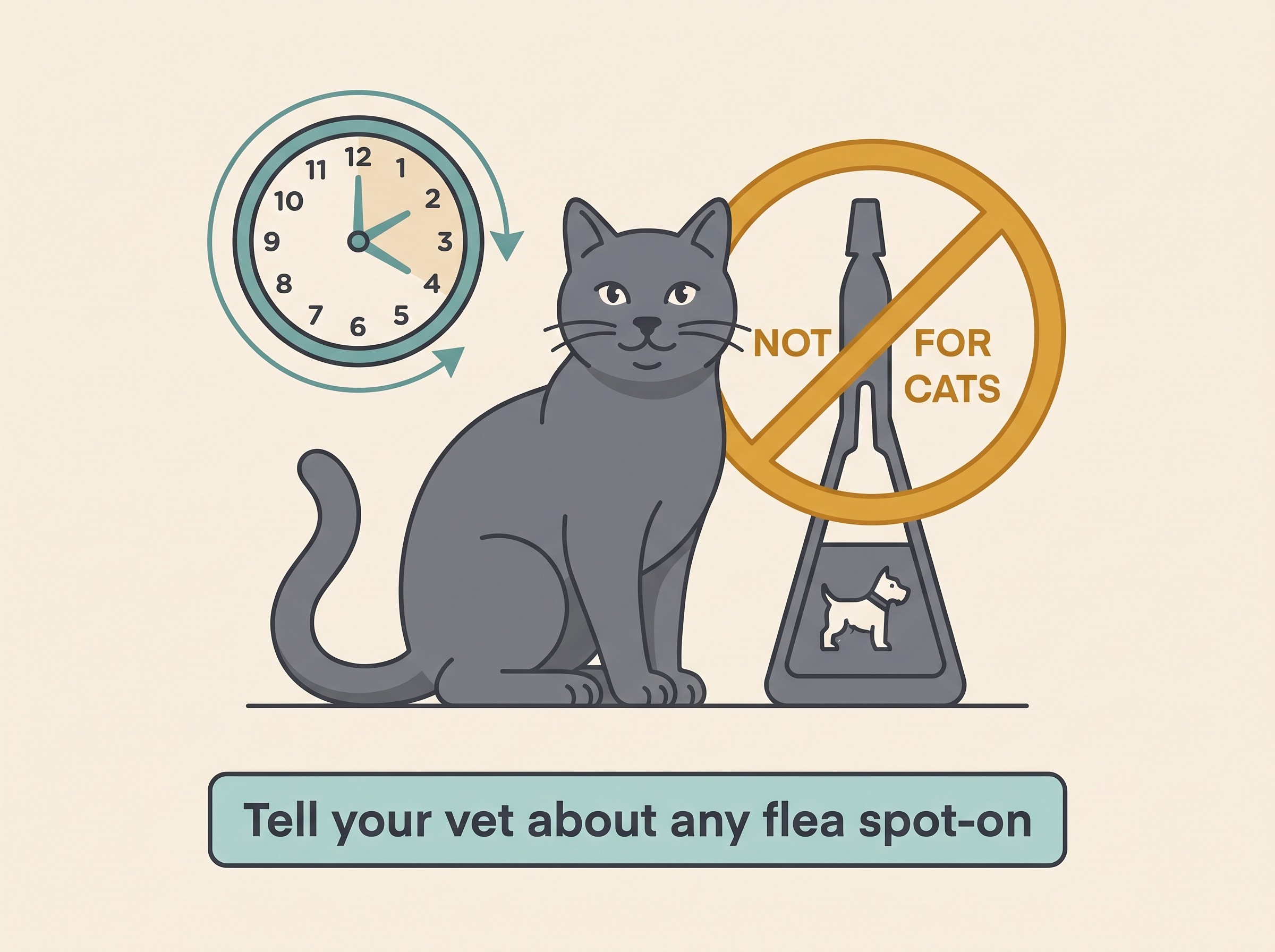 A flat illustration on a cream background of a cat beside a "spot-on" pipette marked with a dog icon and a red "not for cats" cross, with a small clock showing hours passing, labelled "Tell your vet about any flea spot-on"