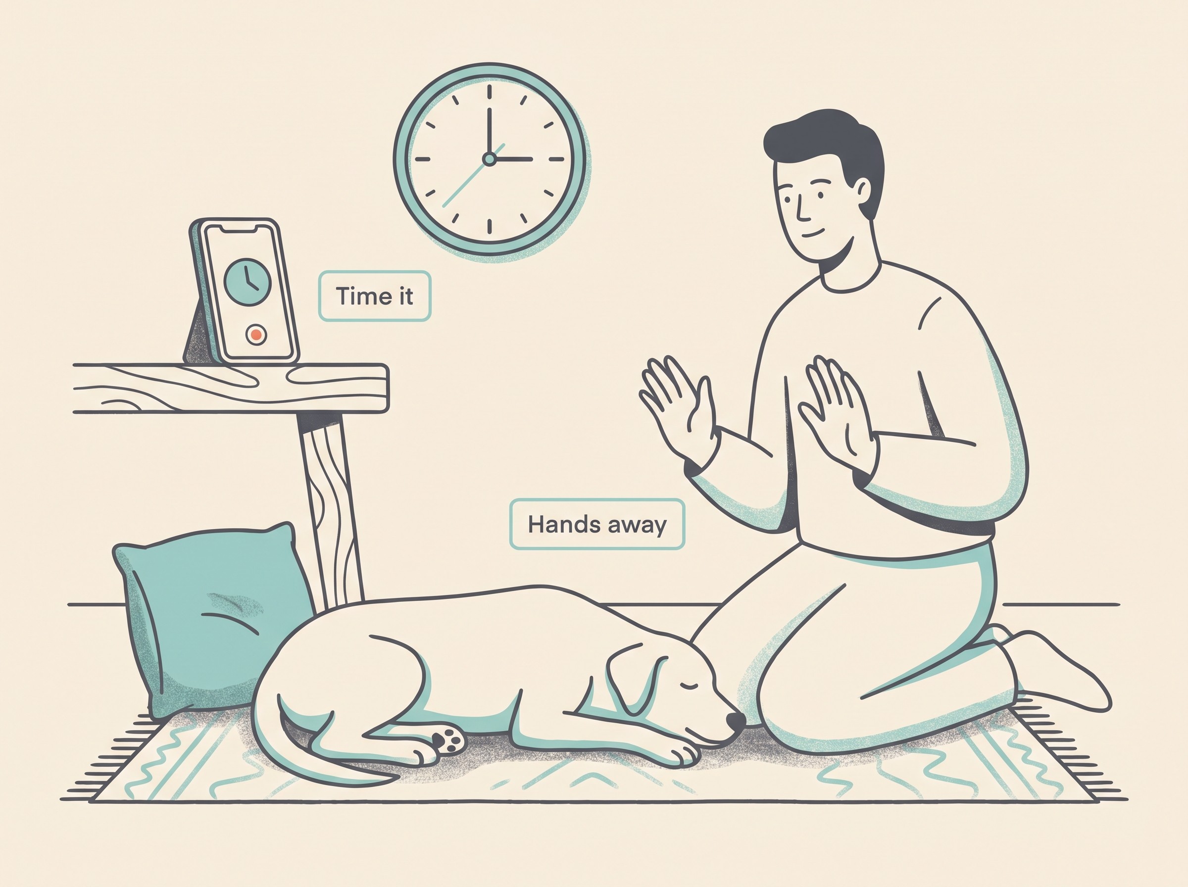 A calm flat illustration on a cream background of an owner kneeling beside a seizing dog on a rug, hands kept clear of the dog's head, a soft cushion placed near a table leg, a phone propped up filming, and a clock on the wall, labelled "Time it" and "Hands away"