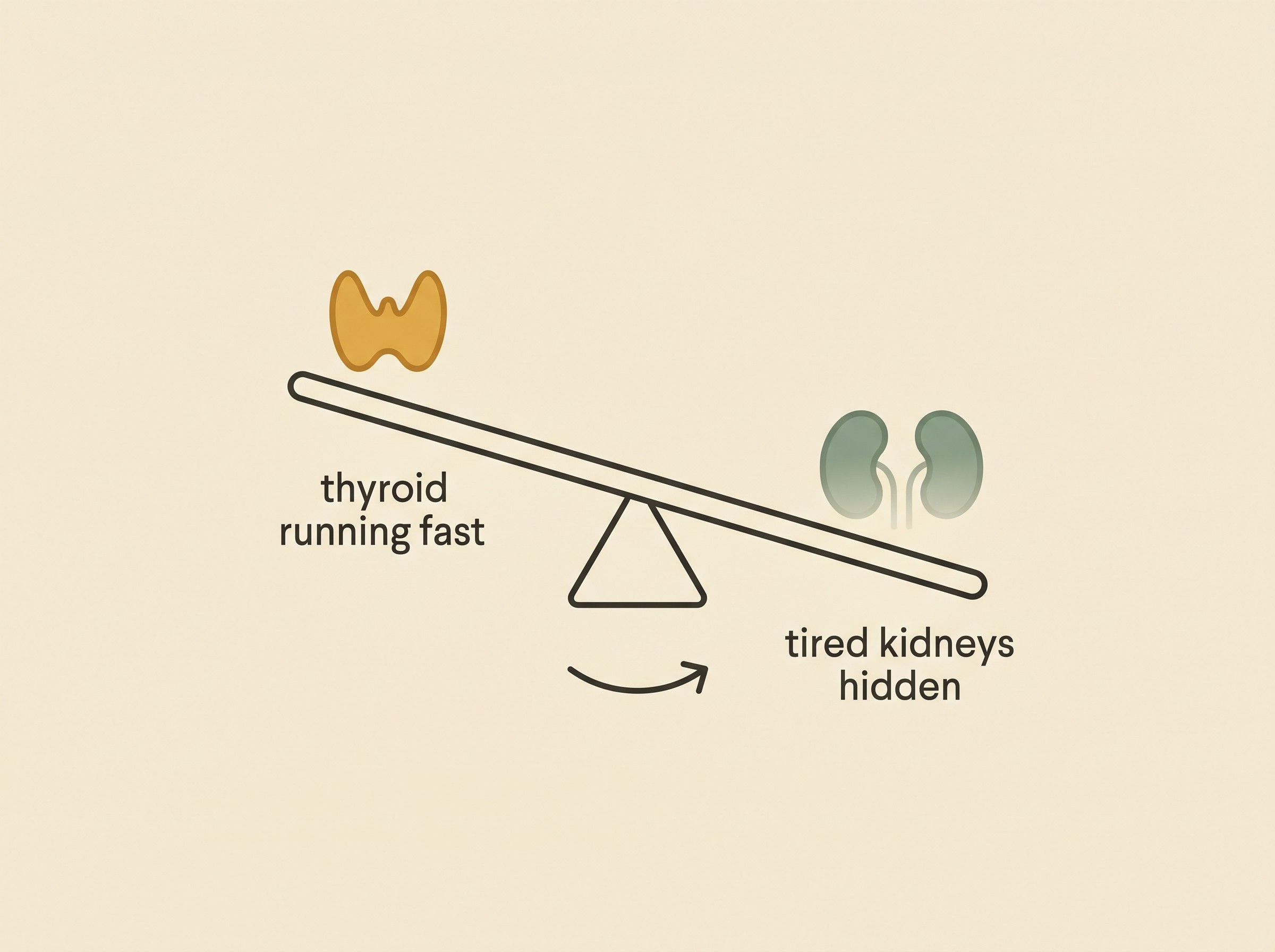 A flat-vector see-saw illustration on an oat-cream field: on one raised end a thyroid gland labelled "thyroid running fast", on the lowered end a pair of kidneys labelled "tired kidneys hidden"; a small caption arrow reads "high blood flow and low muscle make the kidney numbers look better than they are". Sage-green and honey-gold tones, warm-slate ink.