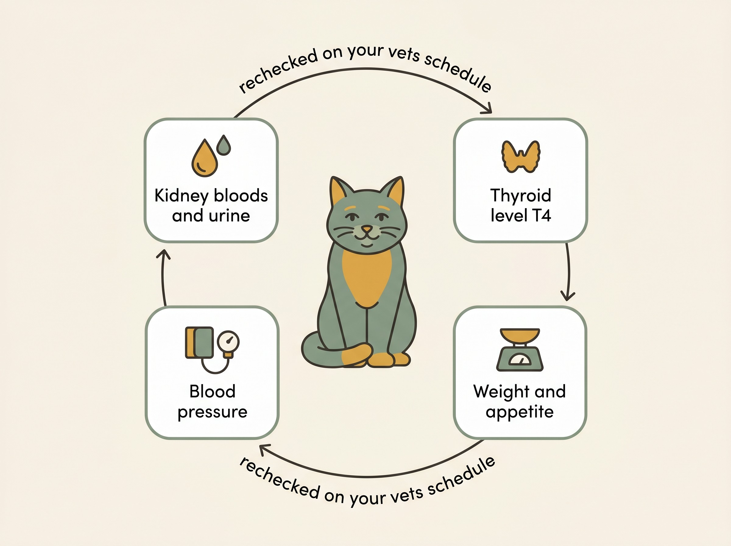 A flat-vector monitoring panel on an oat-cream field showing four labelled tiles arranged around a calm older cat: "Kidney bloods and urine", "Thyroid level (T4)", "Blood pressure", "Weight and appetite", with a circular arrow labelled "rechecked on your vet's schedule". Sage-green and honey-gold tones, warm-slate ink.