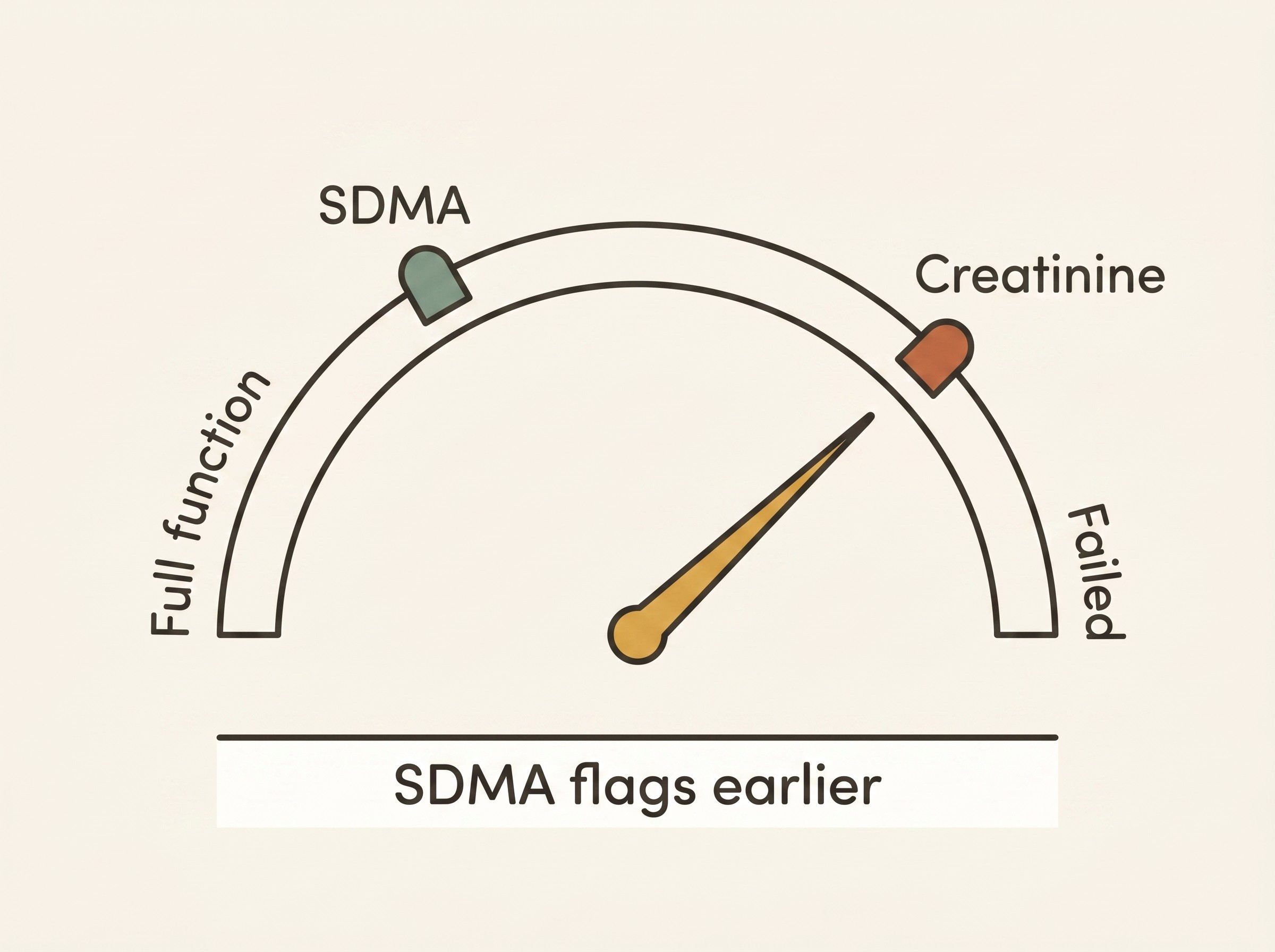 A kidney-function warning-light figure: a dial running from full function to failed, with creatinine only lighting up at roughly 75% function lost and SDMA lighting up much earlier at around 25 to 40% lost, plus a note that SDMA, unlike creatinine, is not lowered by muscle loss.