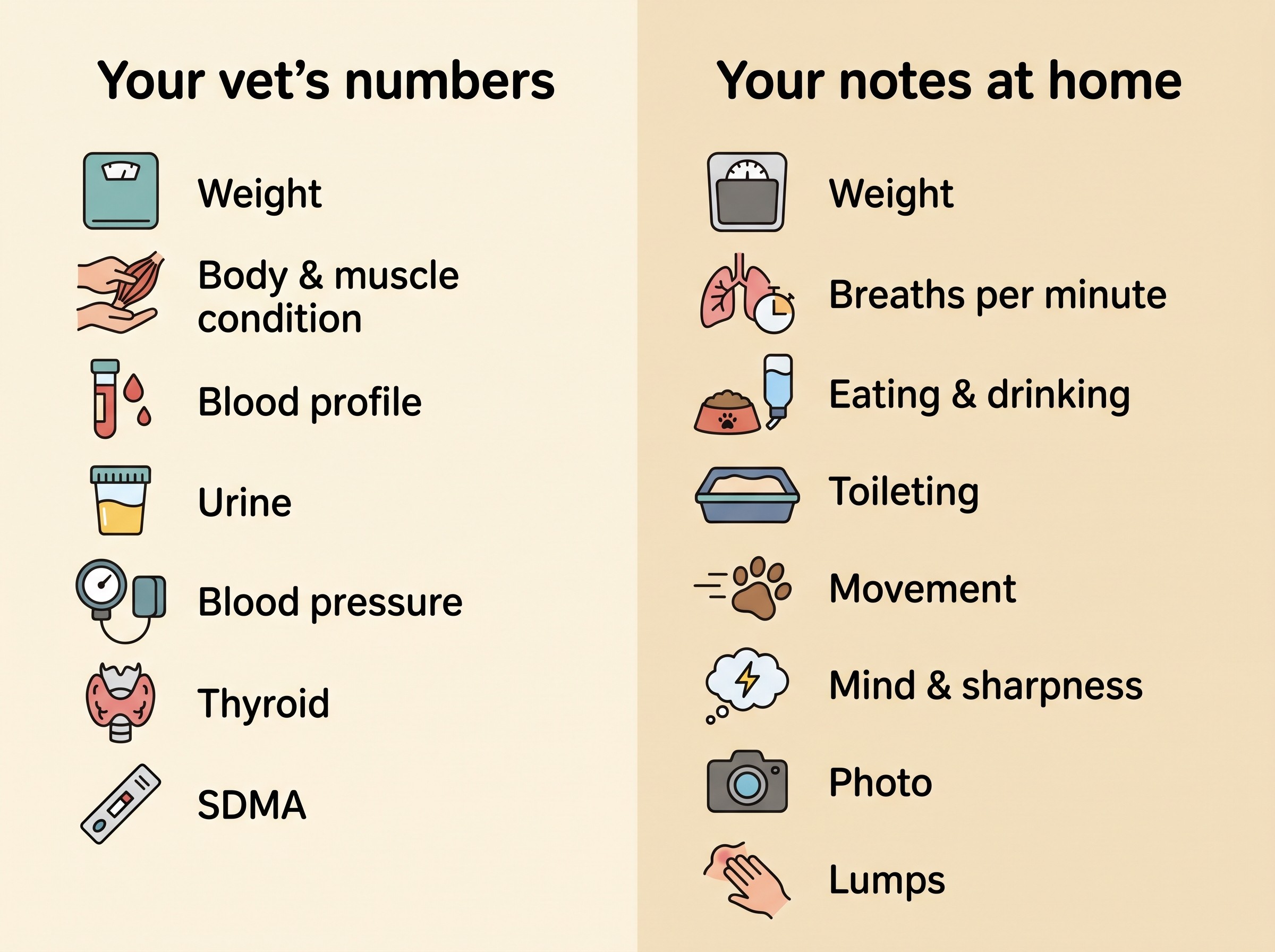 A two-column record. The left column, "your vet's numbers", lists weight, body and muscle condition, blood profile, urine, blood pressure, thyroid and SDMA. The right column, "your notes at home", lists weight, breaths per minute, eating and drinking, toileting, movement, mind and sharpness, a photo, and any lumps.