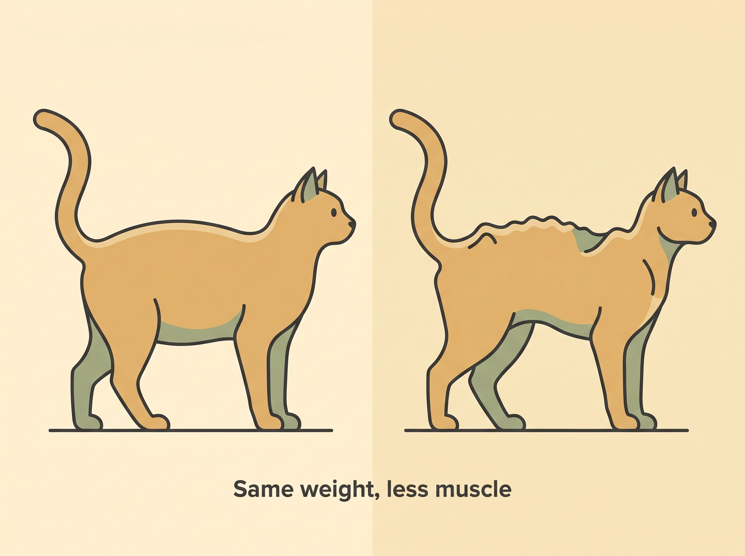 Two cat silhouettes of identical body weight side by side. The first has full muscle over the spine and hips; the second shows the spine and hip bones becoming prominent through lost muscle, labelled "same weight, less muscle".