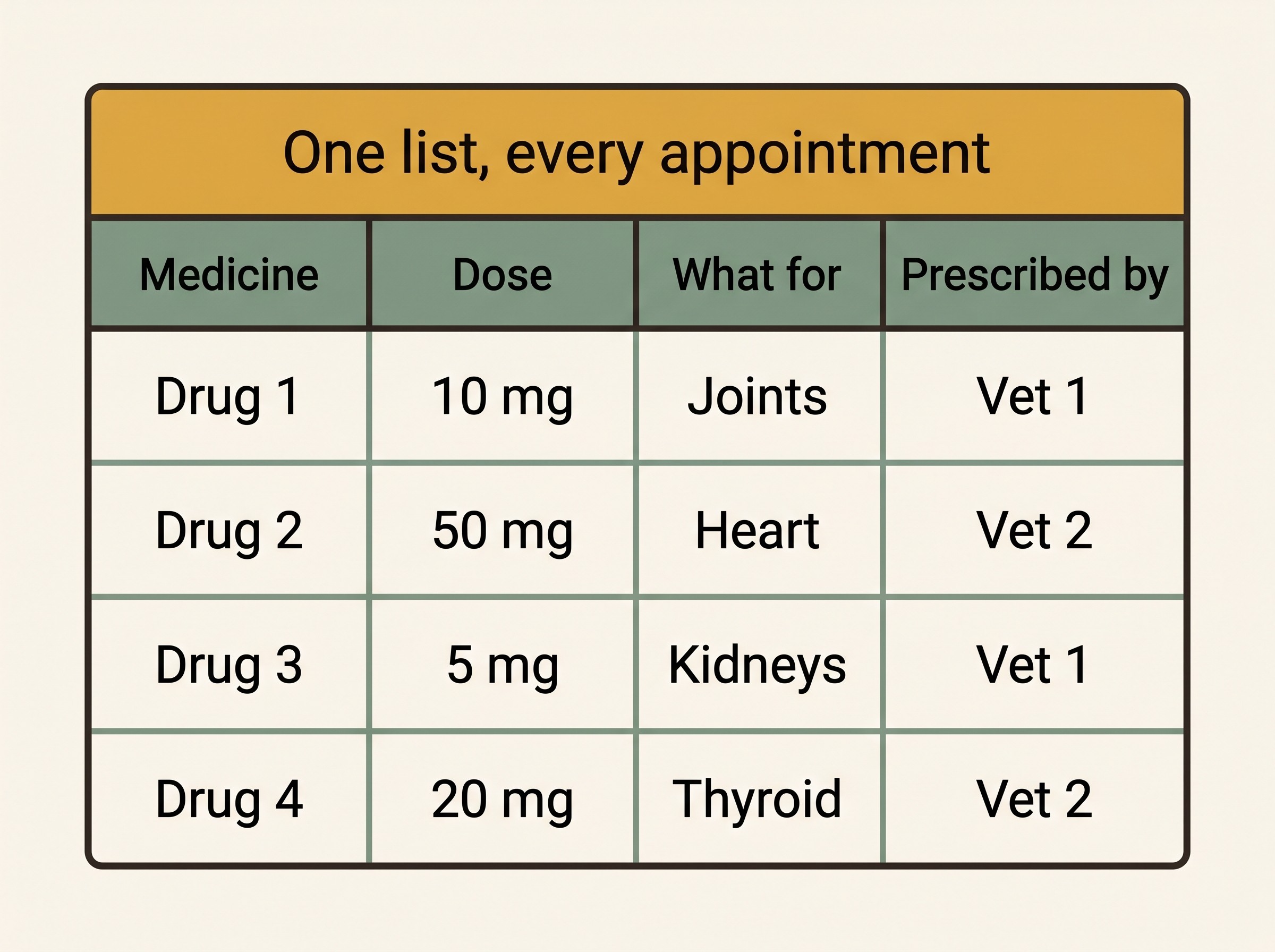 A tidy card listing four medications, each with a name, a dose, a "what it's for" note and a "prescribed by" name, headed "one list, every appointment"