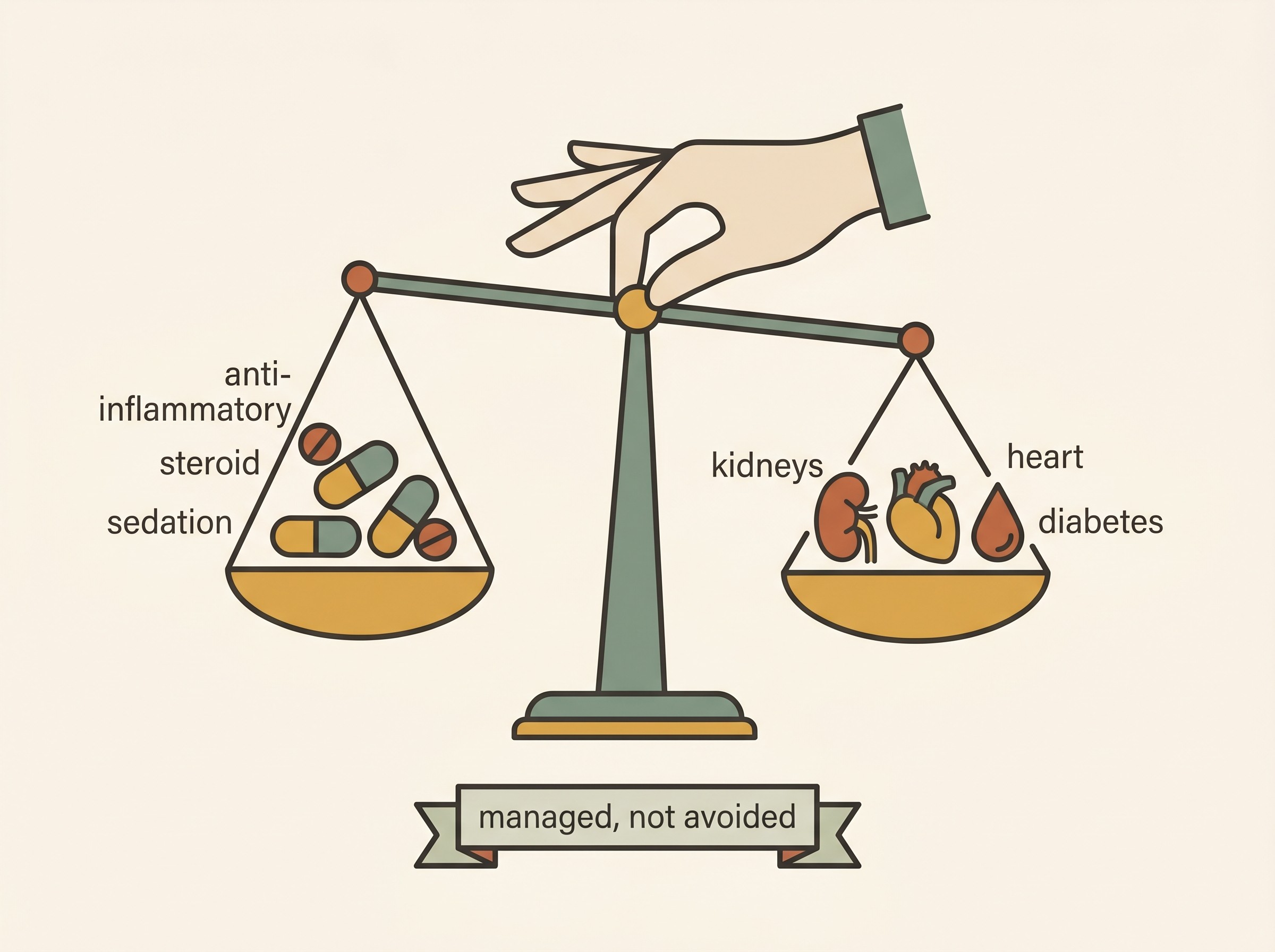 A simple balance illustration: common senior treatments on one side (anti-inflammatory, steroid, sedation) and the conditions they can pull against on the other (kidneys, heart, diabetes), with a note that these are managed, not avoided