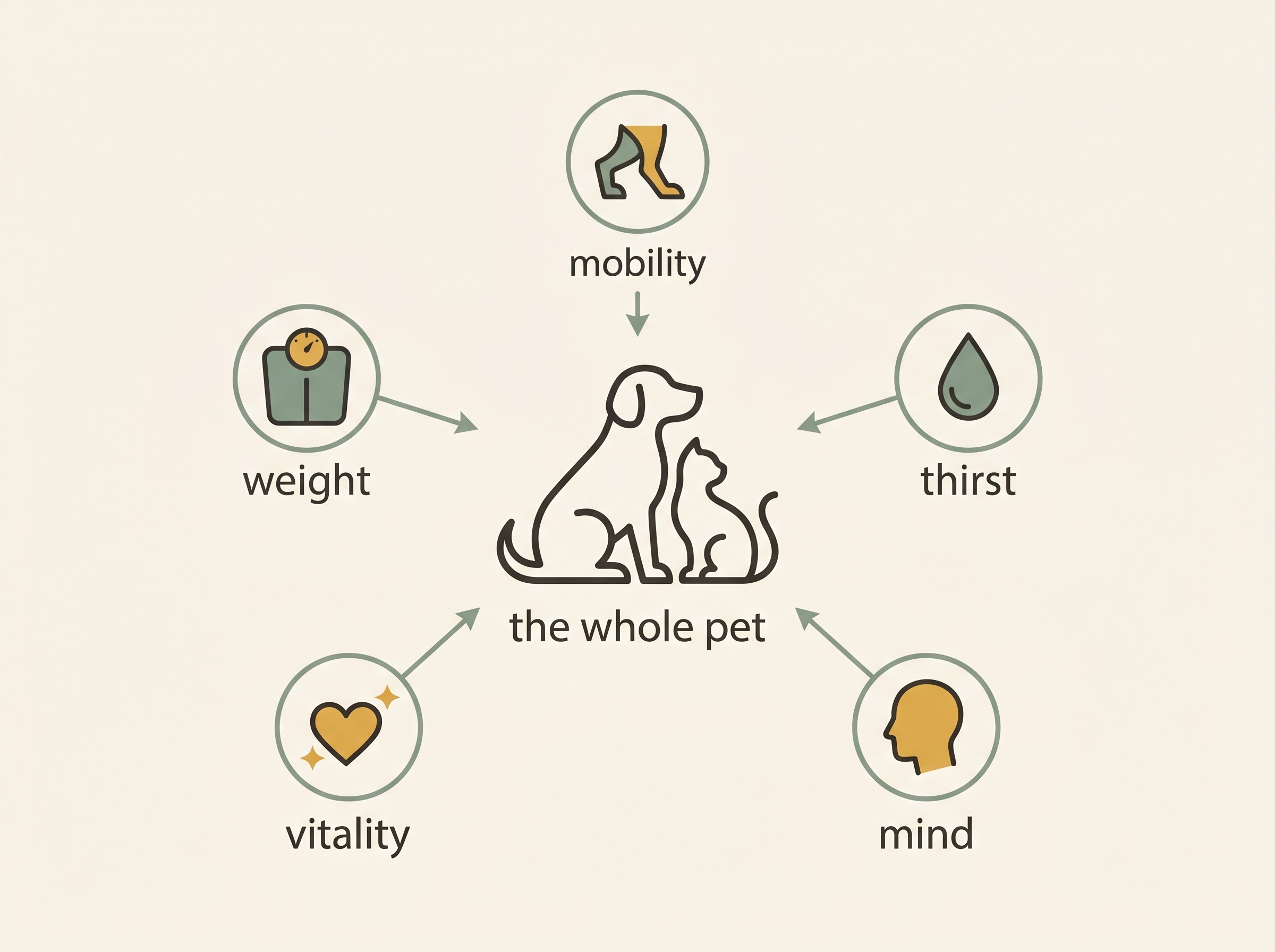 A single dog-and-cat silhouette in the centre with several gentle gauges feeding into it: weight, mobility, thirst, vitality and mind, all flowing into one combined view labelled "the whole pet"