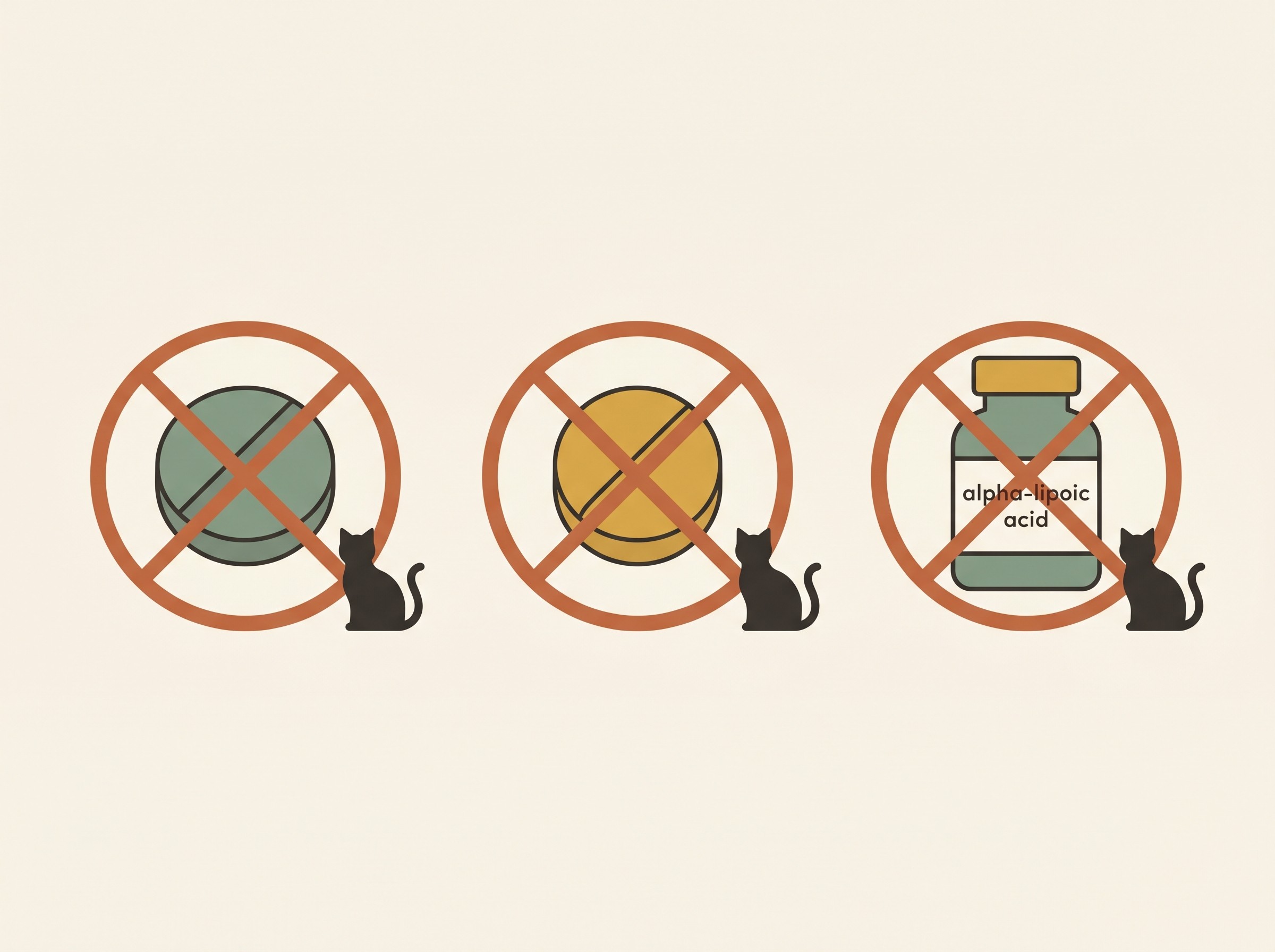 A clear safety panel with three crossed-out icons: a paracetamol tablet, an ibuprofen tablet, and a dog supplement bottle marked 'alpha-lipoic acid', each beside a small cat silhouette, drawn flat on oat-cream with a single restrained terracotta warning accent.