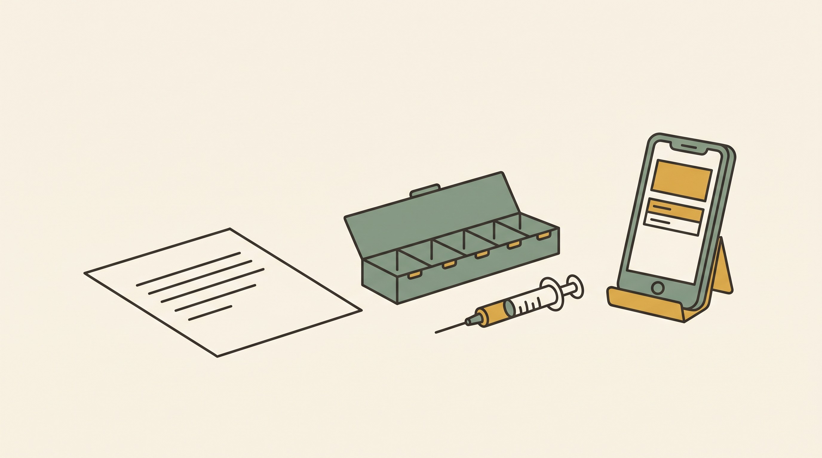 A calm medication command centre on a kitchen worktop: a single written medication list, a weekly pill organiser, a syringe of liquid, and a phone showing a tracking app, drawn as flat icons on an oat-cream field in sage green and honey-gold.