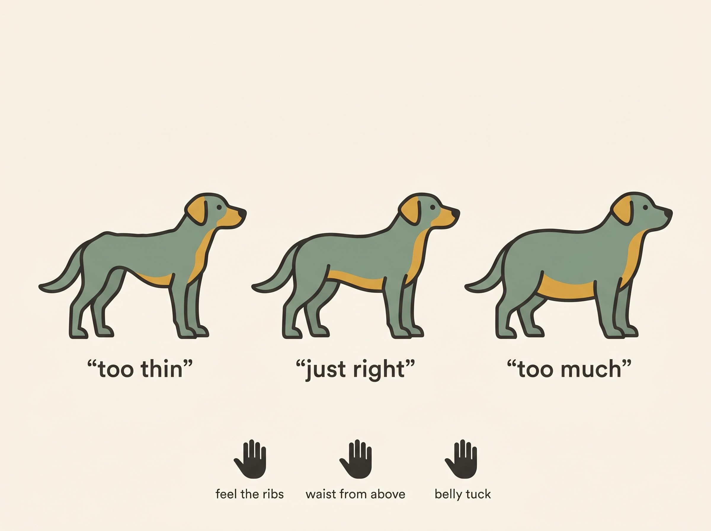 A simple body-condition guide showing three side-by-side pets labelled "too thin," "just right," and "too much," with small hand icons indicating feeling the ribs, the waist seen from above, and the belly tuck from the side.