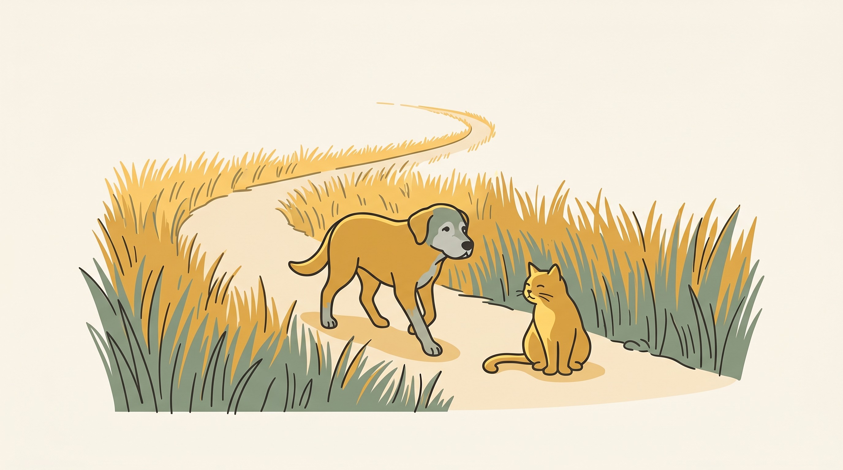 A soft, unhurried path winding through long grass at golden hour, a grey-muzzled dog walking slowly along it with an old cat sitting nearby in the warm light, honey-gold and sage tones, no clinical detail.