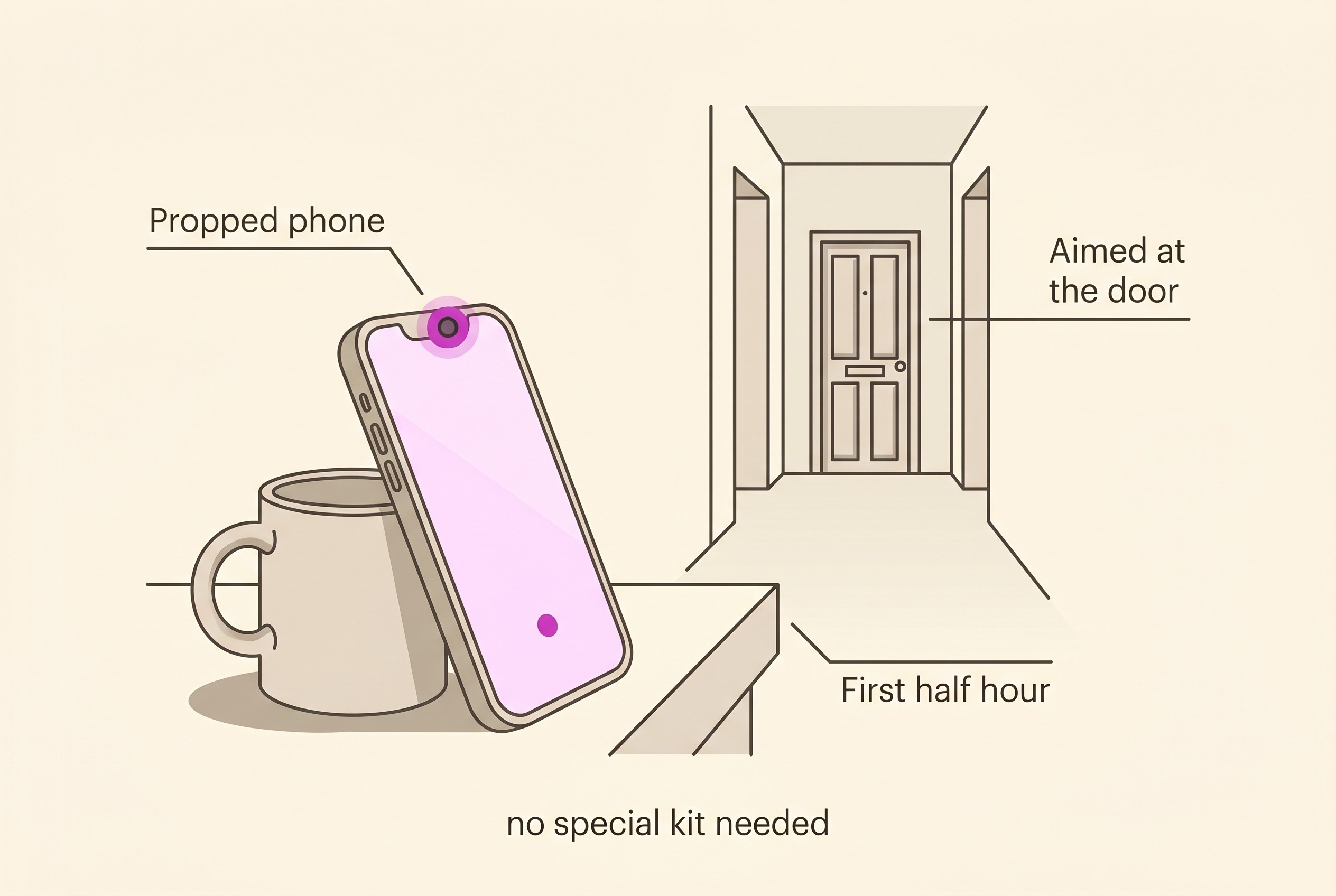 A phone propped against a mug on a side table, lens pointed at the front door, recording an empty hallway as an owner leaves.