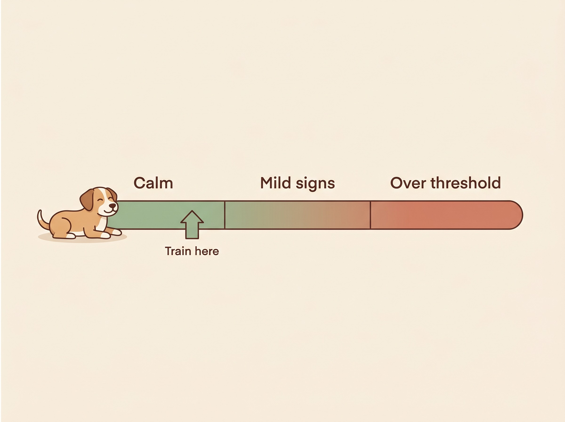 A horizontal scale showing a dog moving from calm to mild signs to over threshold, with a marker showing training stays in the calm zone