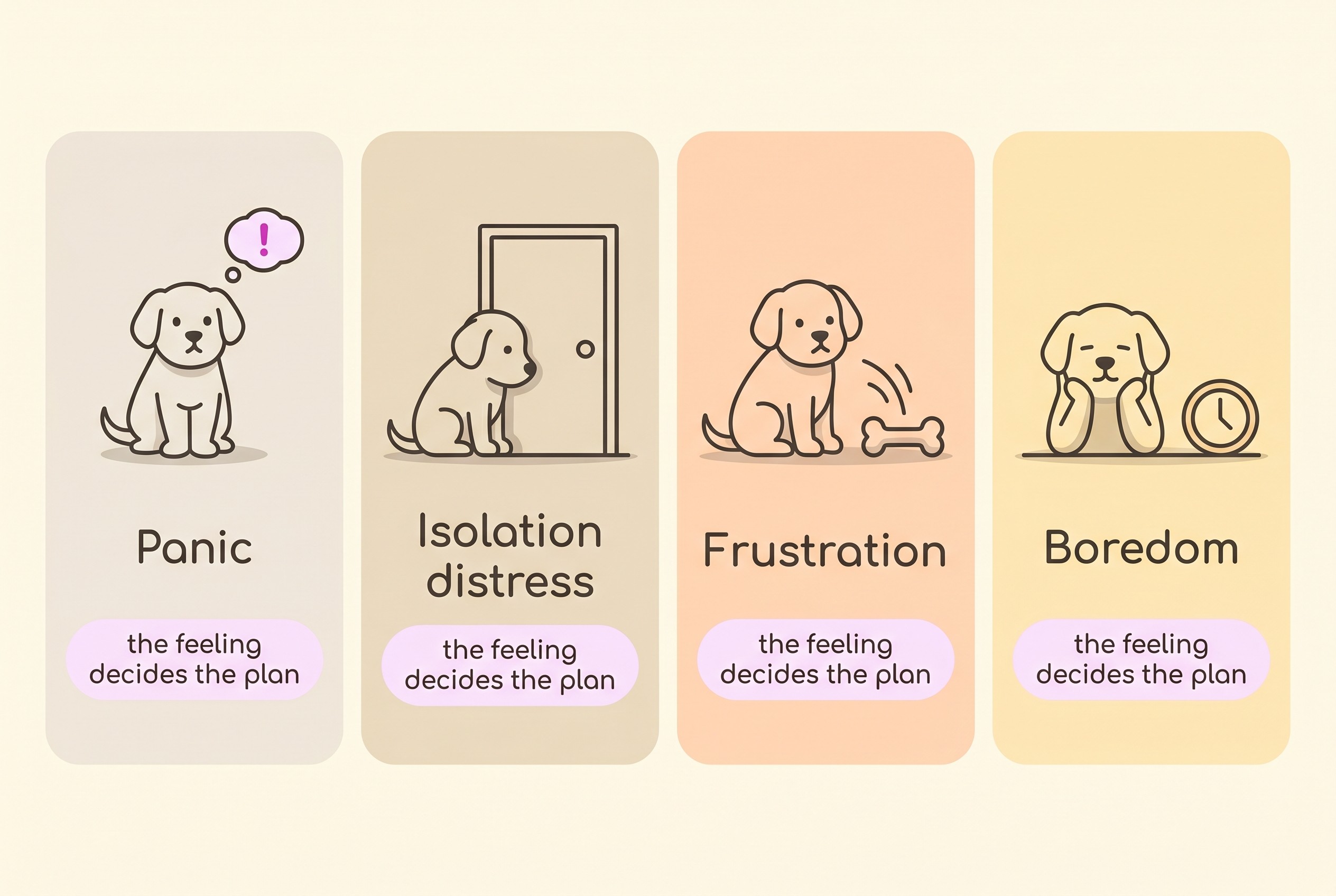 A simple comparison panel describing the panic, isolation-distress, frustration and boredom forms of separation-related behaviour side by side