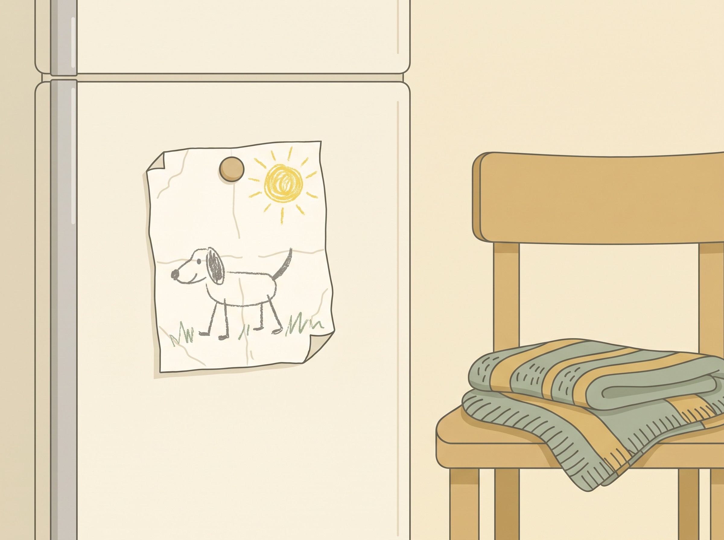 A child's drawing of a dog under a yellow sun pinned to a fridge with a magnet beside a single favourite blanket folded on a chair, soft candle-gold and sage tones, no faces shown