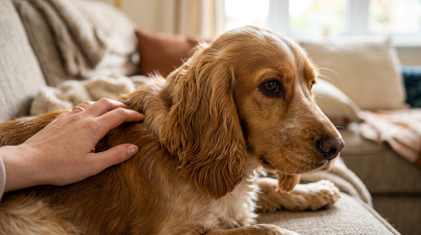 A medium-sized dog being gently stroked on the back by an owner's hand, the dog very subtly turning their head away from the touch, soft indoor light