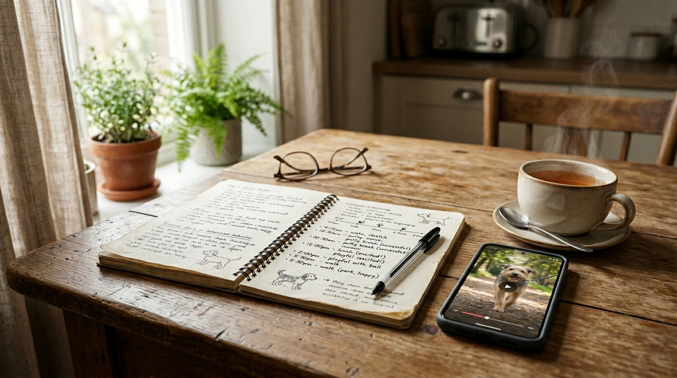 An open notebook on a kitchen table with handwritten notes about a dog's daily behaviour, a smartphone beside it showing a video thumbnail of a dog walking, a cup of tea, soft morning light