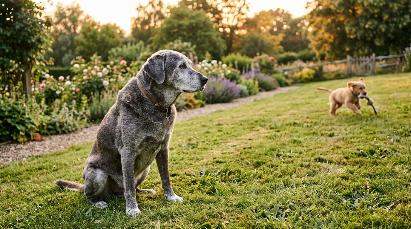 A grey-muzzled older dog sitting on a garden lawn watching a younger dog play in the distance, posture relaxed but engaged, golden hour light