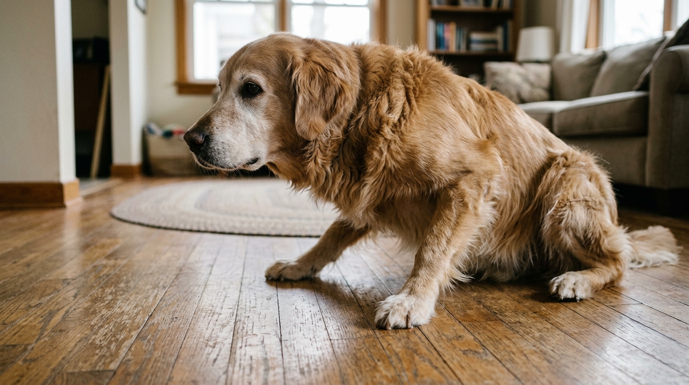 A senior Golden Retriever mid-rise from lying on a wooden floor, front paws planted and back legs still folded, slight effort visible, low side angle