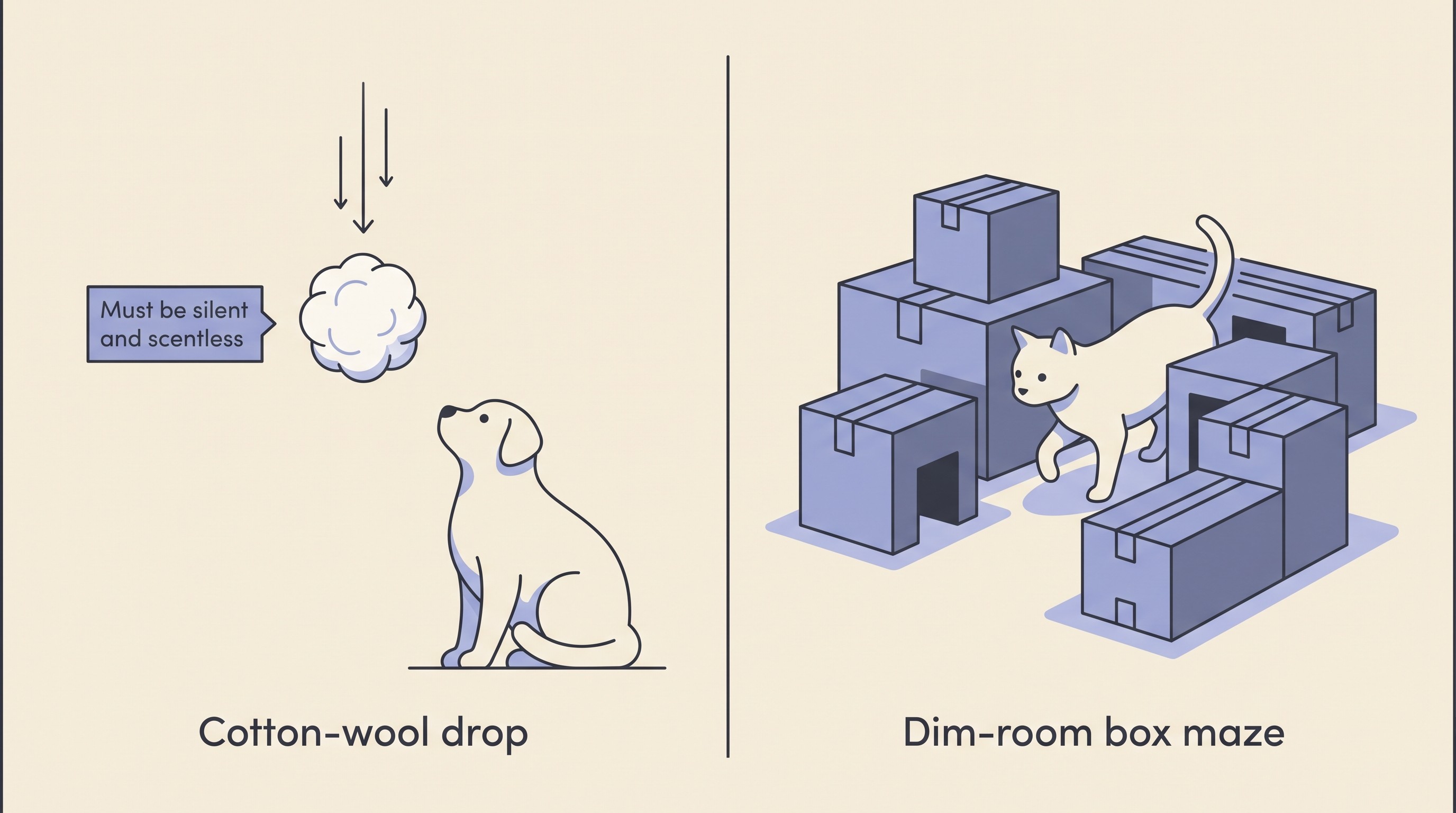 Flat illustration on cream of two home vision checks: a silent cotton-wool ball dropping past a watching pet with a small flag reading must be silent and scentless, and a pet stepping through a low maze of cardboard boxes in a dim room