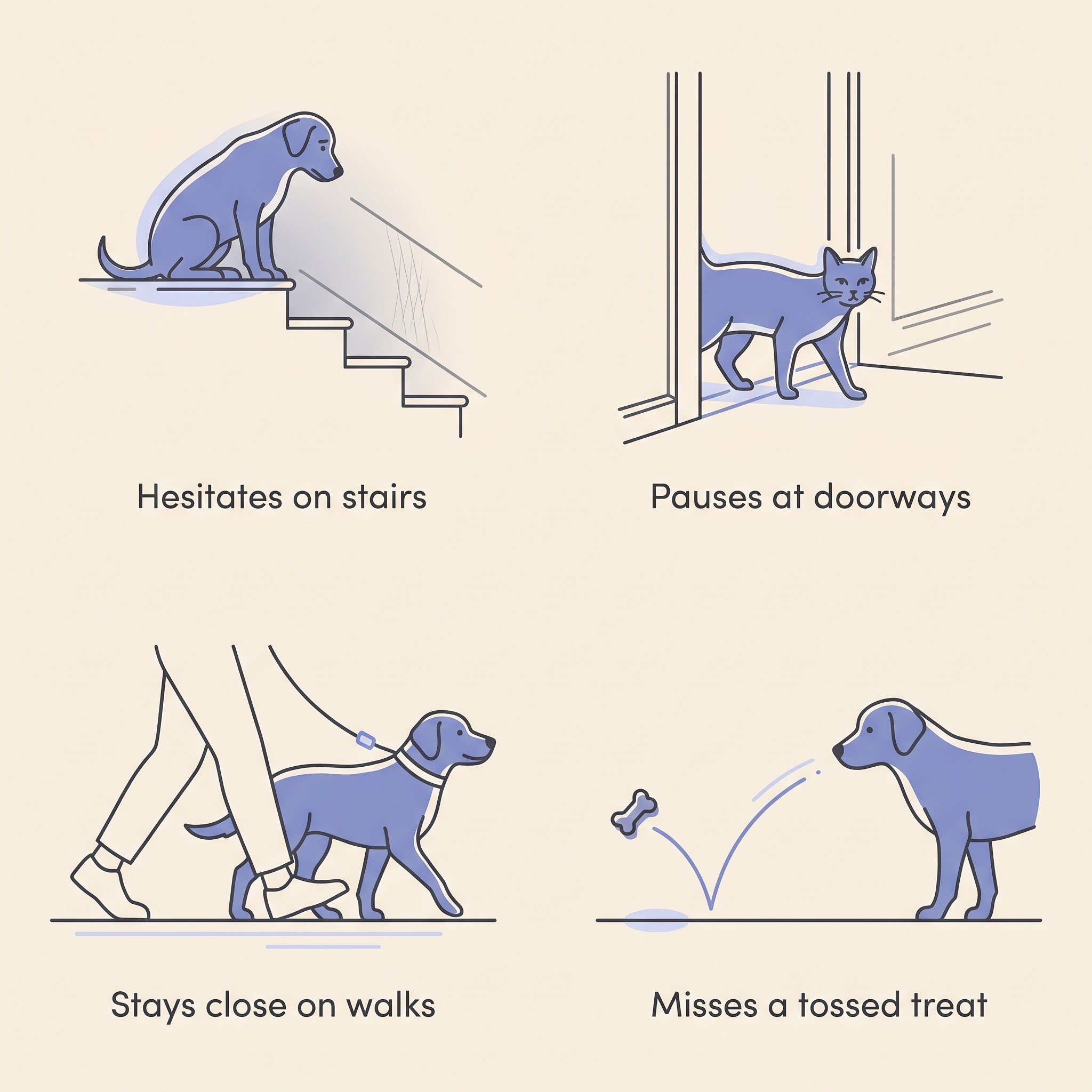 Flat illustration on cream of four owner-observed signs of fading sight: a dog hesitating at the top of dim stairs, a cat pausing in a doorway, a dog staying close to its owner's leg on a walk, and a missed thrown treat, each labelled in plain words