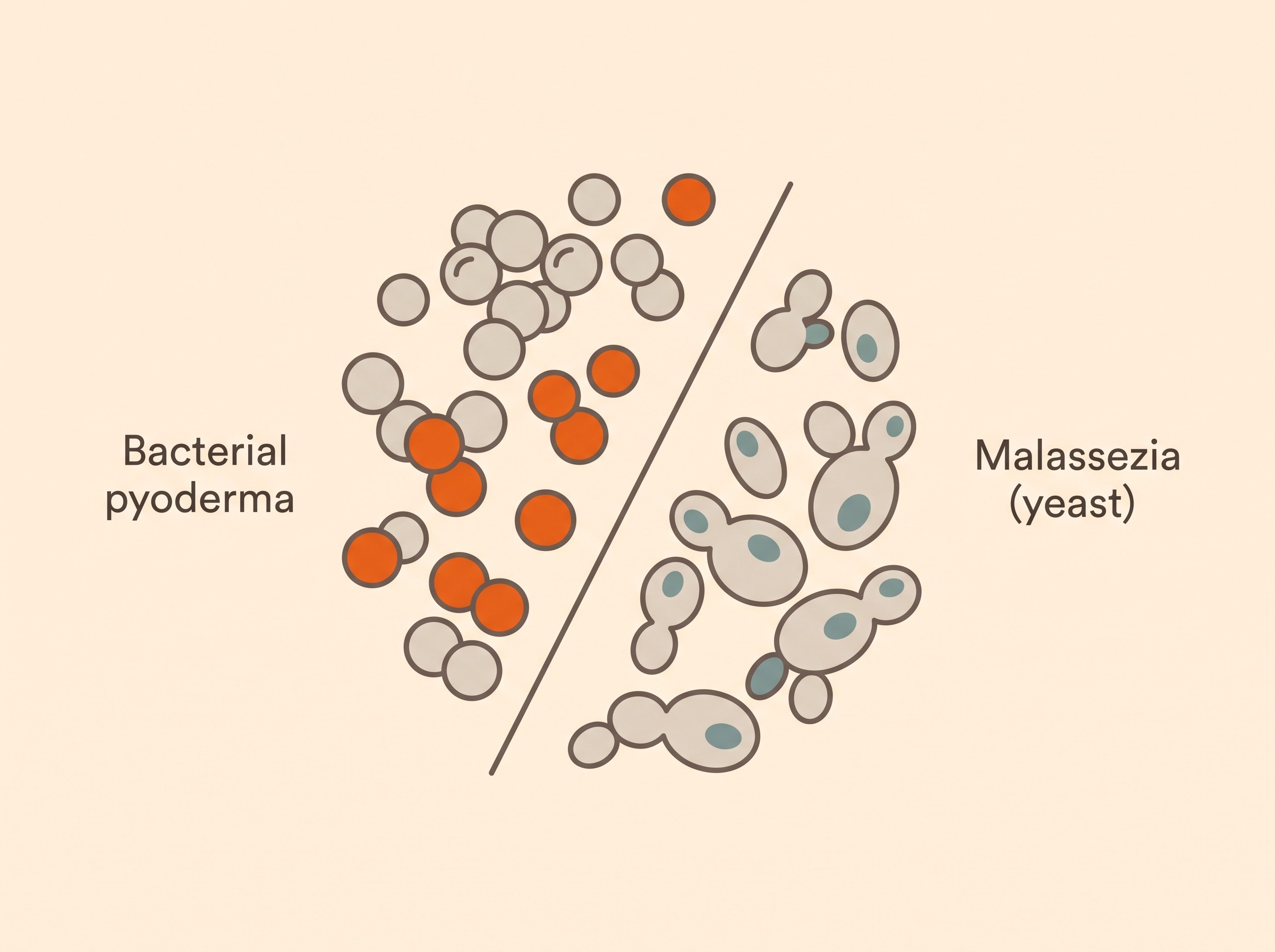 A split illustration of the two things a vet looks for down the microscope: on one side clusters of round bacterial cells with inflammatory cells, labelled bacterial pyoderma, on the other peanut-shaped budding yeast cells, labelled Malassezia