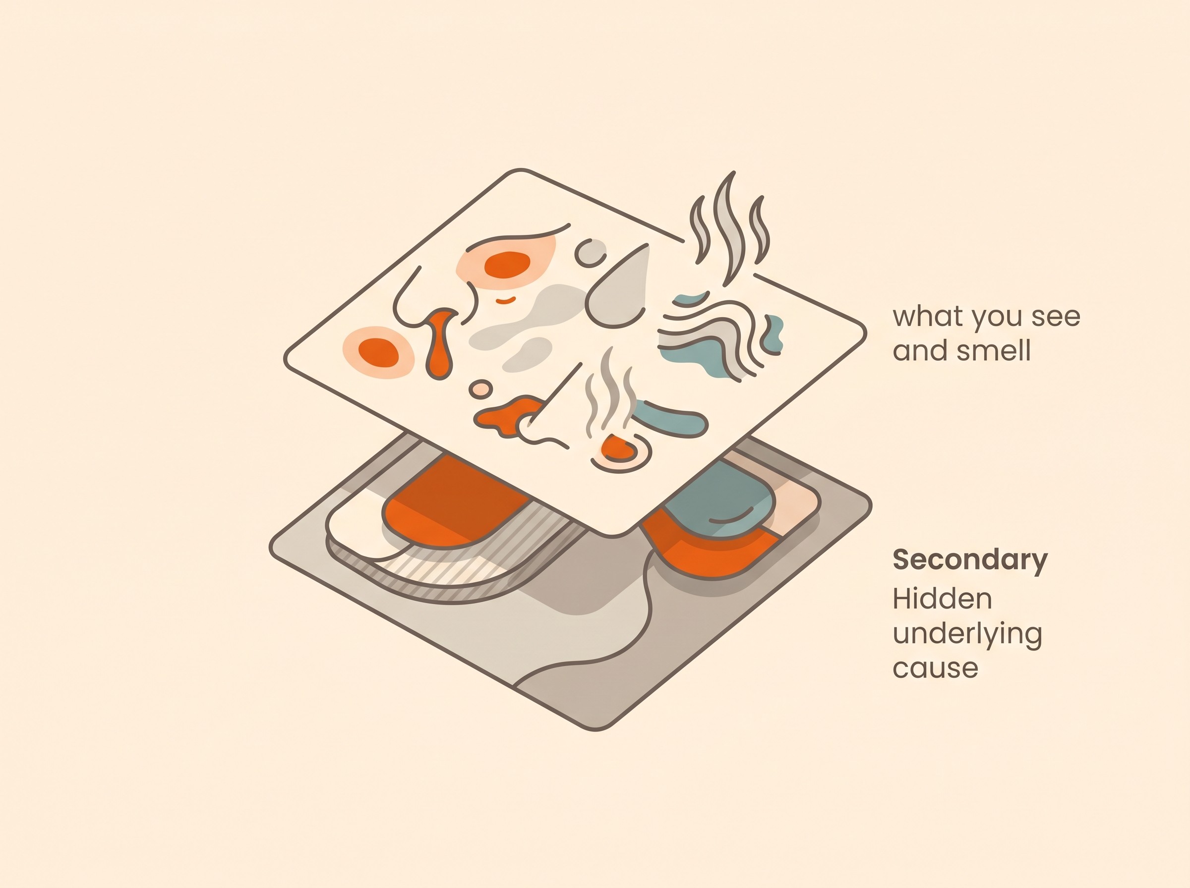 A layered diagram showing the visible smell, goo and scratching at the surface, sitting on top of a hidden underlying cause such as allergy, parasites, a skin fold or hormonal disease, labelled secondary