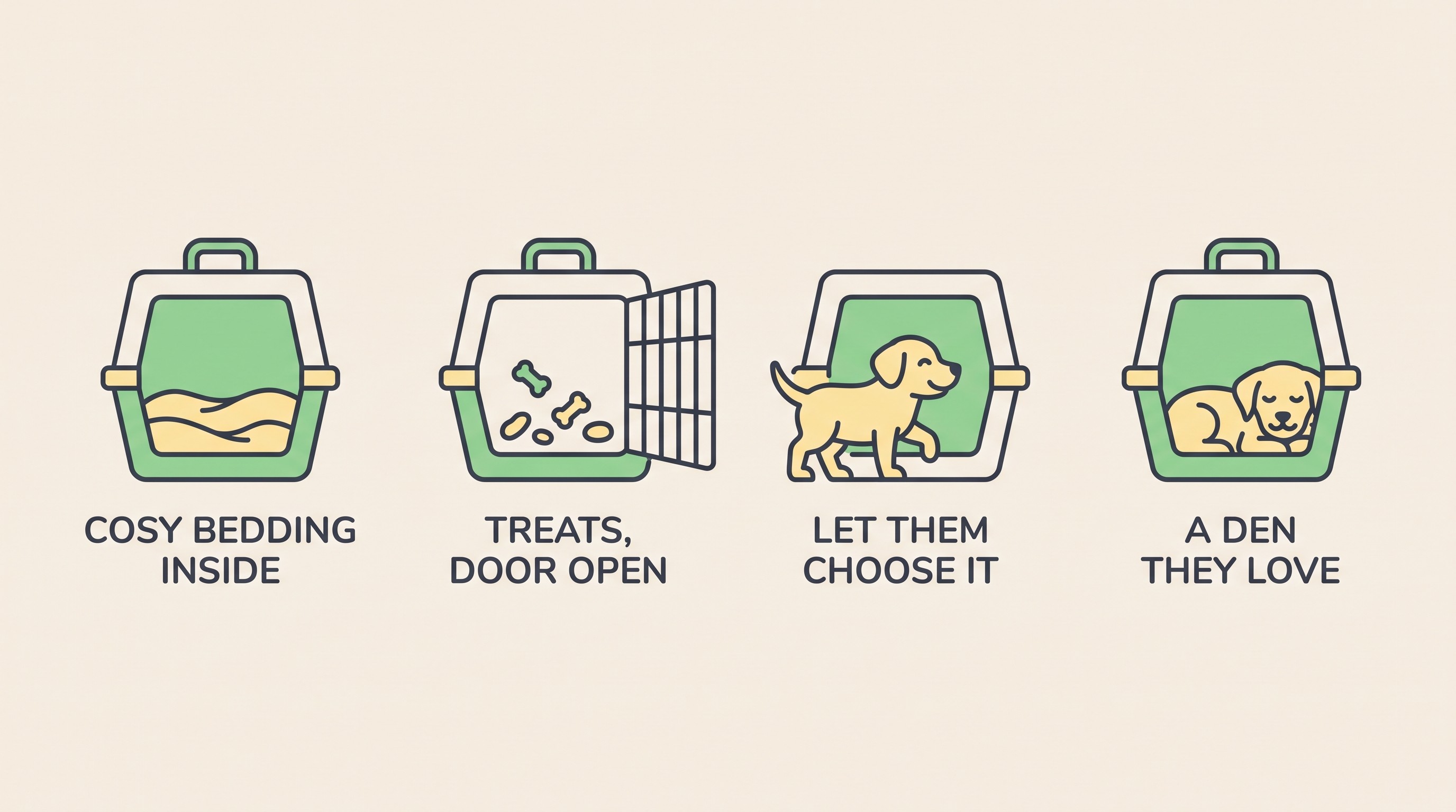 A gentle step illustration of introducing a crate: cosy bedding inside, treats scattered in, door open, then a puppy resting inside happily.