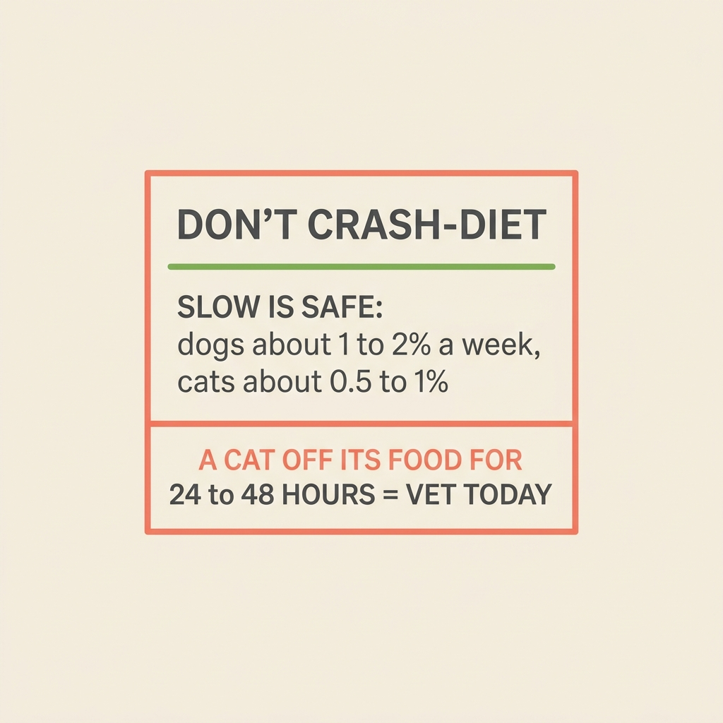 Coral-bordered safety callout reading “DON’T CRASH-DIET”, with a leaf-green line “SLOW IS SAFE: dogs about 1 to 2% a week, cats about 0.5 to 1%” and a coral note “A CAT OFF ITS FOOD FOR 24 to 48 HOURS = VET TODAY”