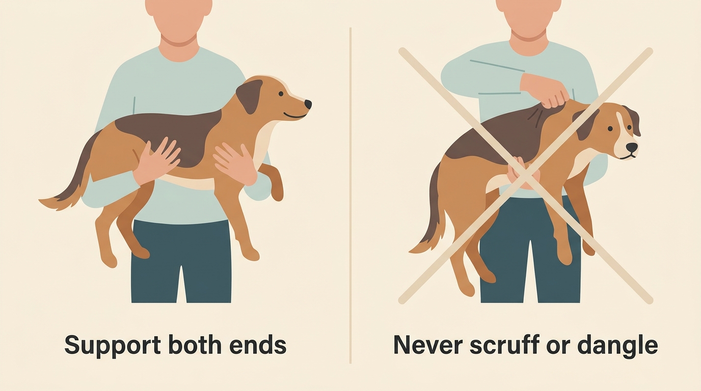 Two hands supporting a dog with its back kept level