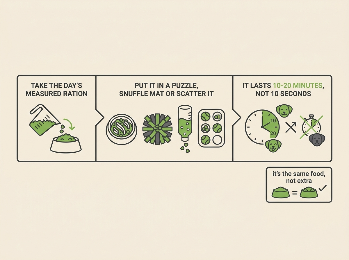 A three-step strip showing the measured ration going into a puzzle, snuffle mat or scatter feed, lasting ten to twenty minutes instead of ten seconds, with small icons of a slow bowl, a snuffle mat, a DIY plastic-bottle puzzle and a muffin tin with tennis balls.