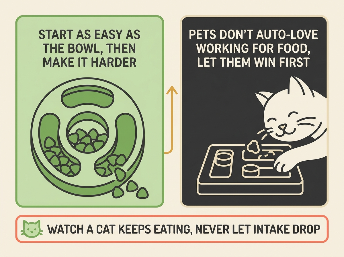 Two tiles, one leaf-green reading start as easy as the bowl then make it harder beside a generously filled big-holed puzzle, the other in charcoal and cream reading pets don't auto-love working for food, let them win first, with a slim coral caveat strip beneath for cats reading watch a cat keeps eating, never let intake drop.