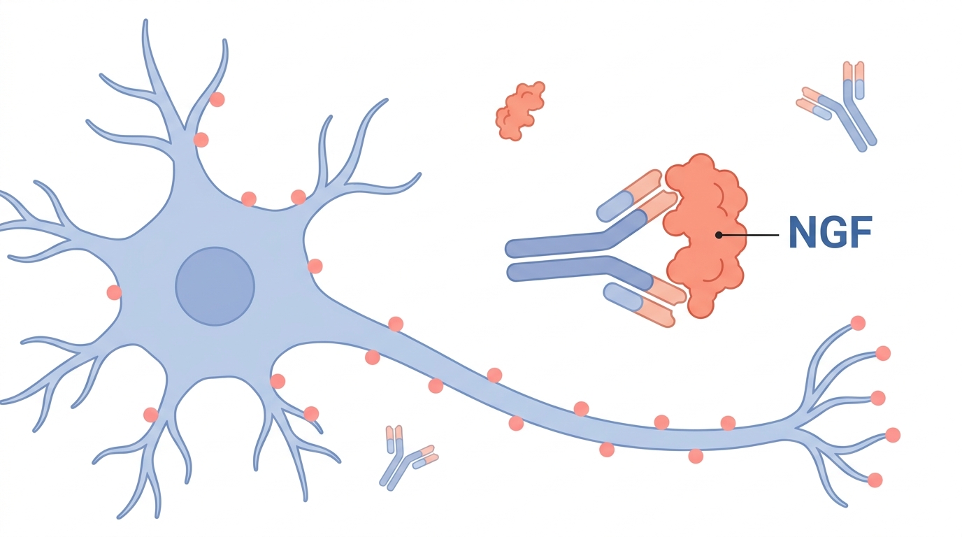 A clean educational diagram of a Y-shaped monoclonal antibody binding to a target protein labelled NGF near a nerve cell, soft blue and coral palette on white